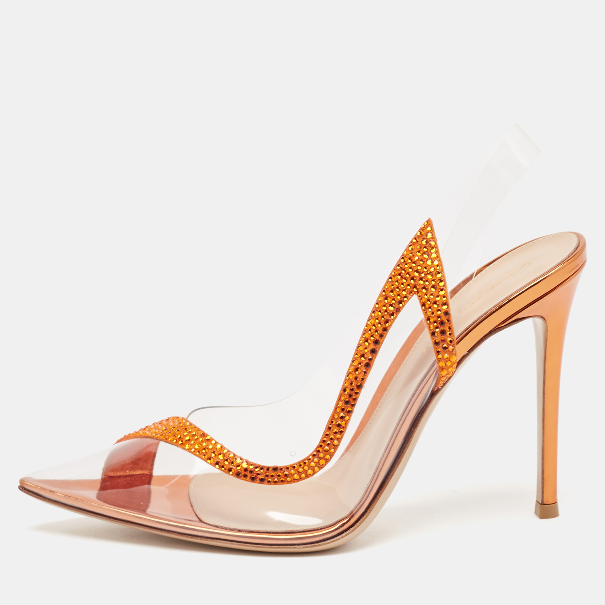 

Gianvito Rossi Transparent/Orange PVC and Suede Embellished Hortensia Pumps Size