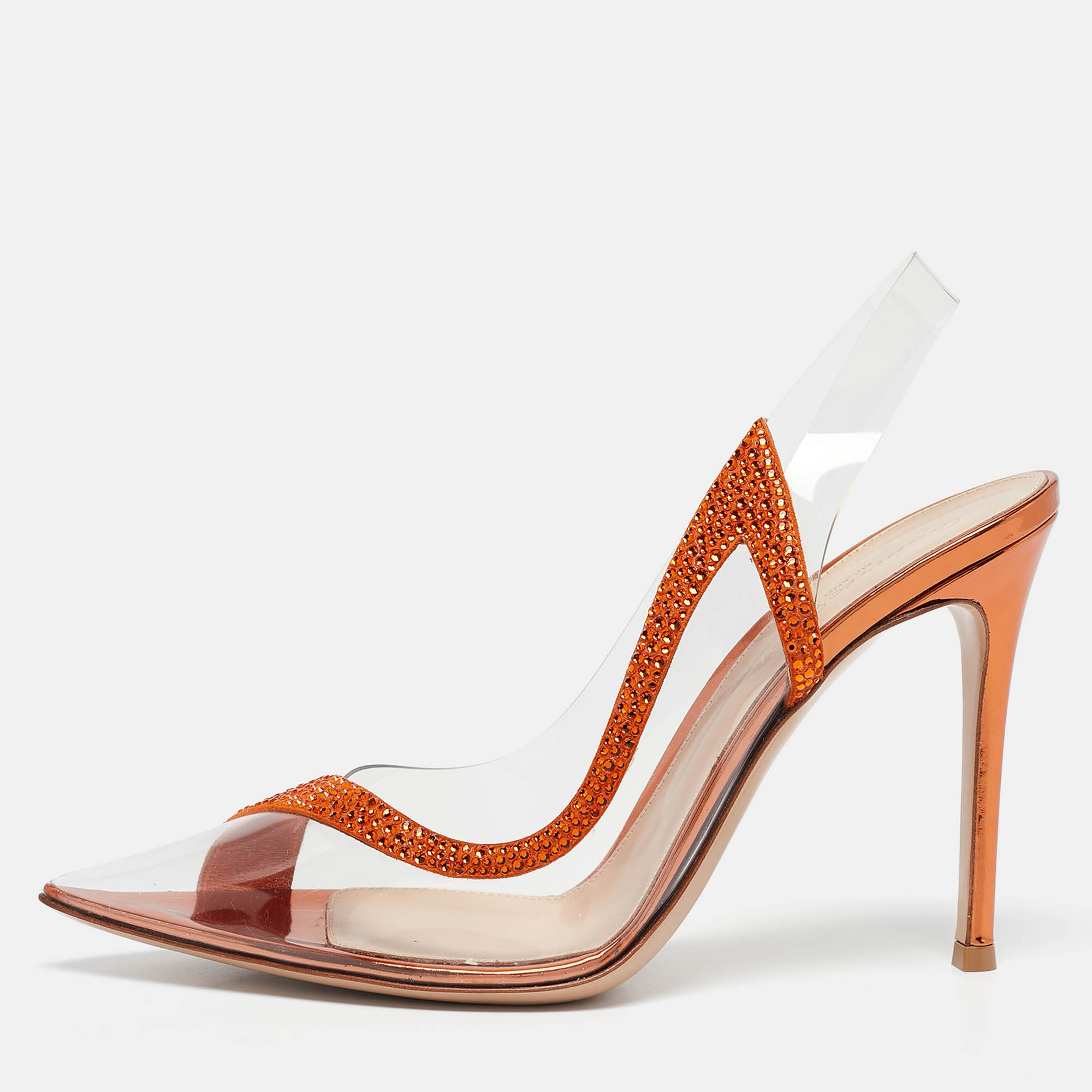 

Gianvito Rossi Transparent/Orange PVC and Suede Embellished Hortensia Pumps Size