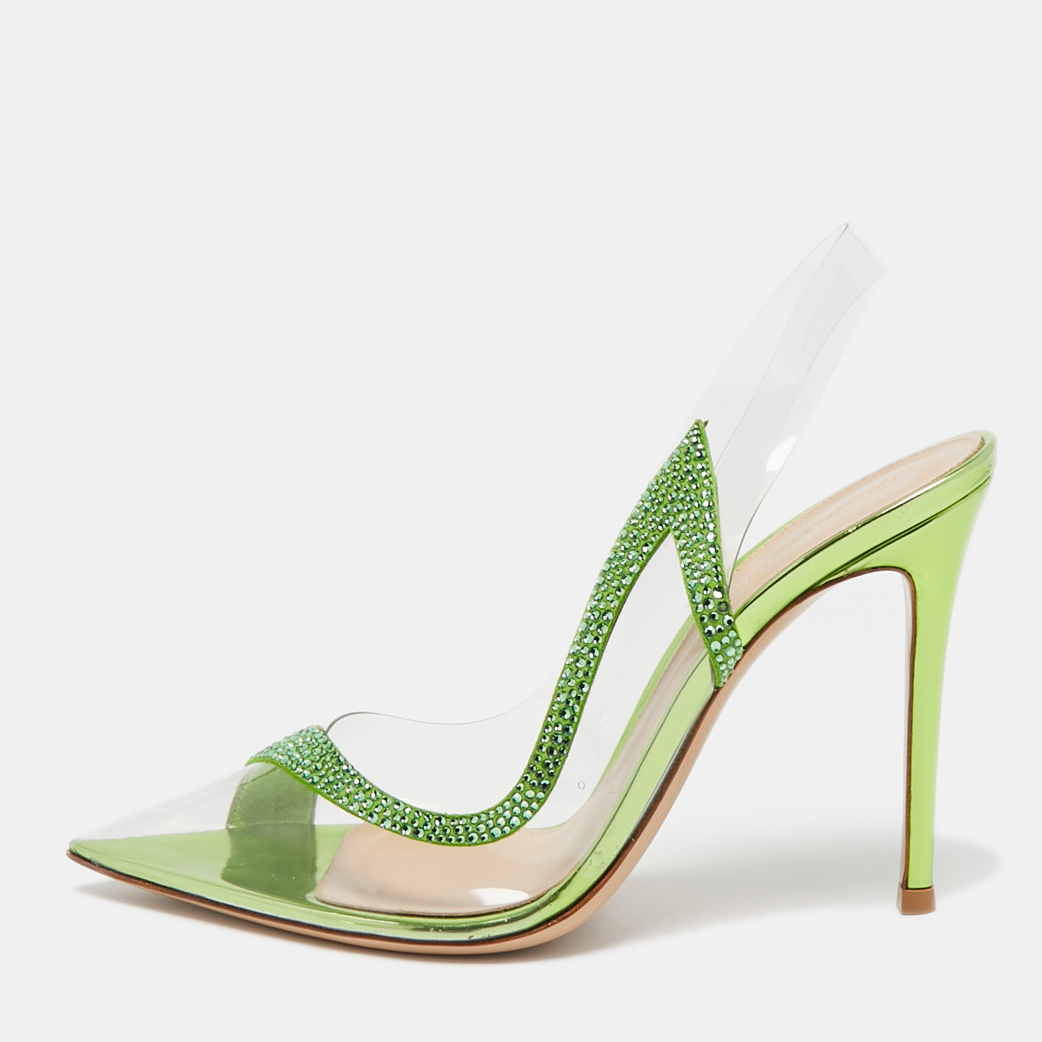 

Gianvito Rossi Transparent/Green PVC and Suede Embellished Hortensia Pumps Size