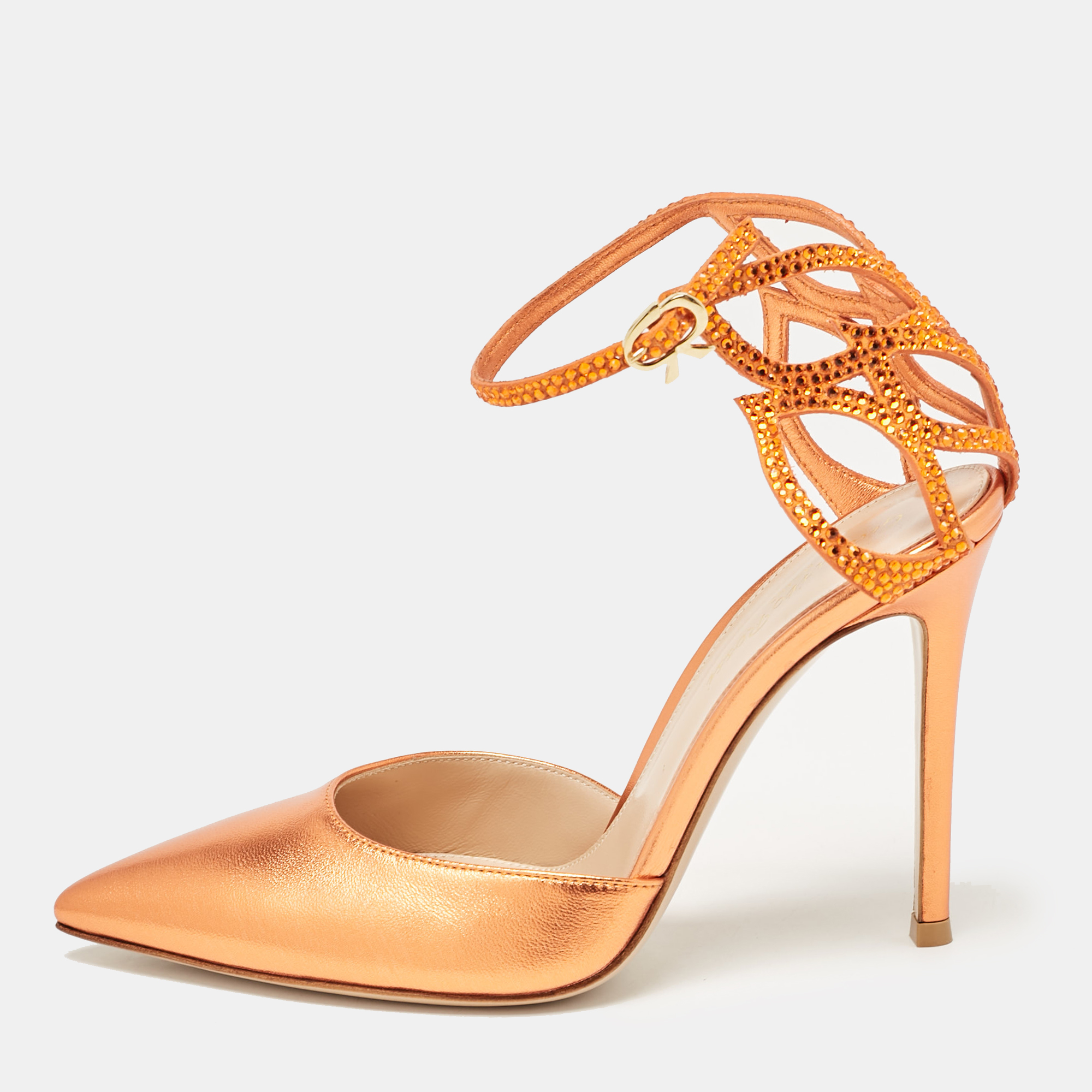 

Gianvito Rossi Metallic Orange Leather Fleur Sandals Size