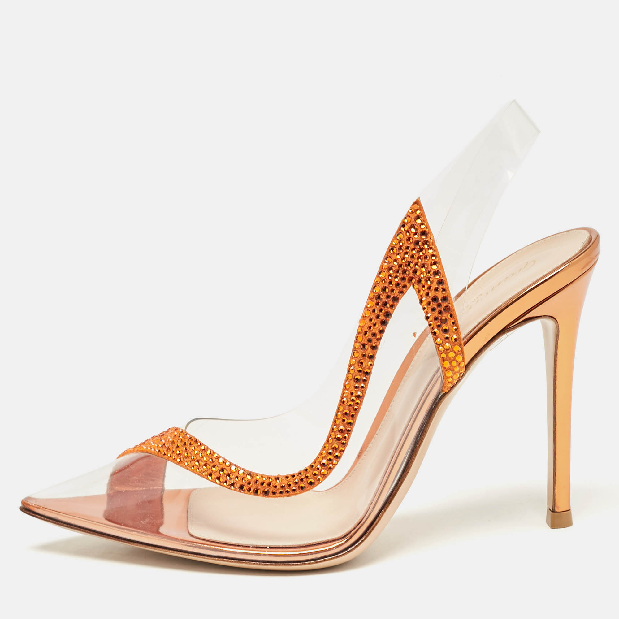 

Gianvito Rossi Transparent/Orange PVC and Suede Embellished Hortensia Pumps Size