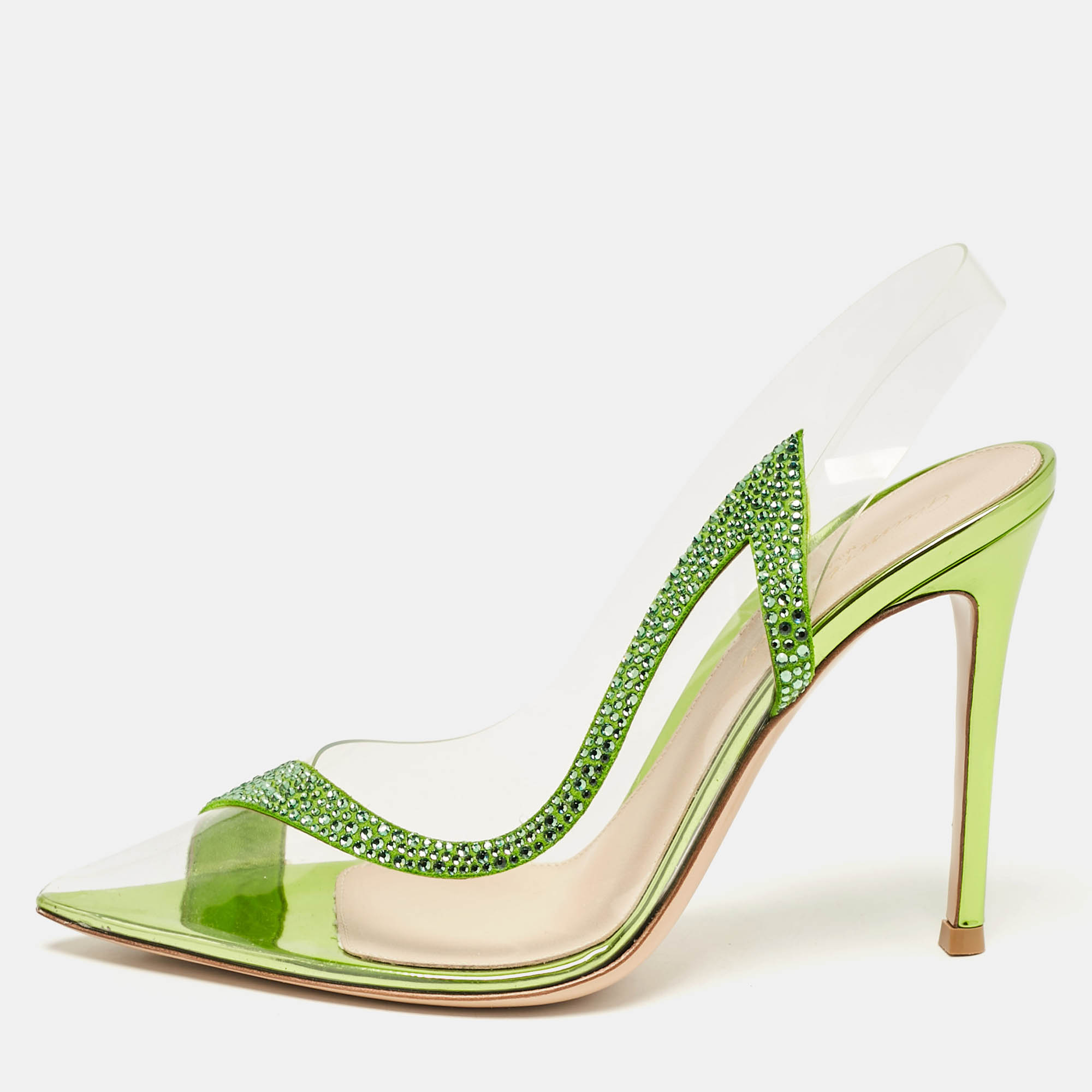 

Gianvito Rossi Transparent/Green PVC and Suede Embellished Hortensia Pumps Size