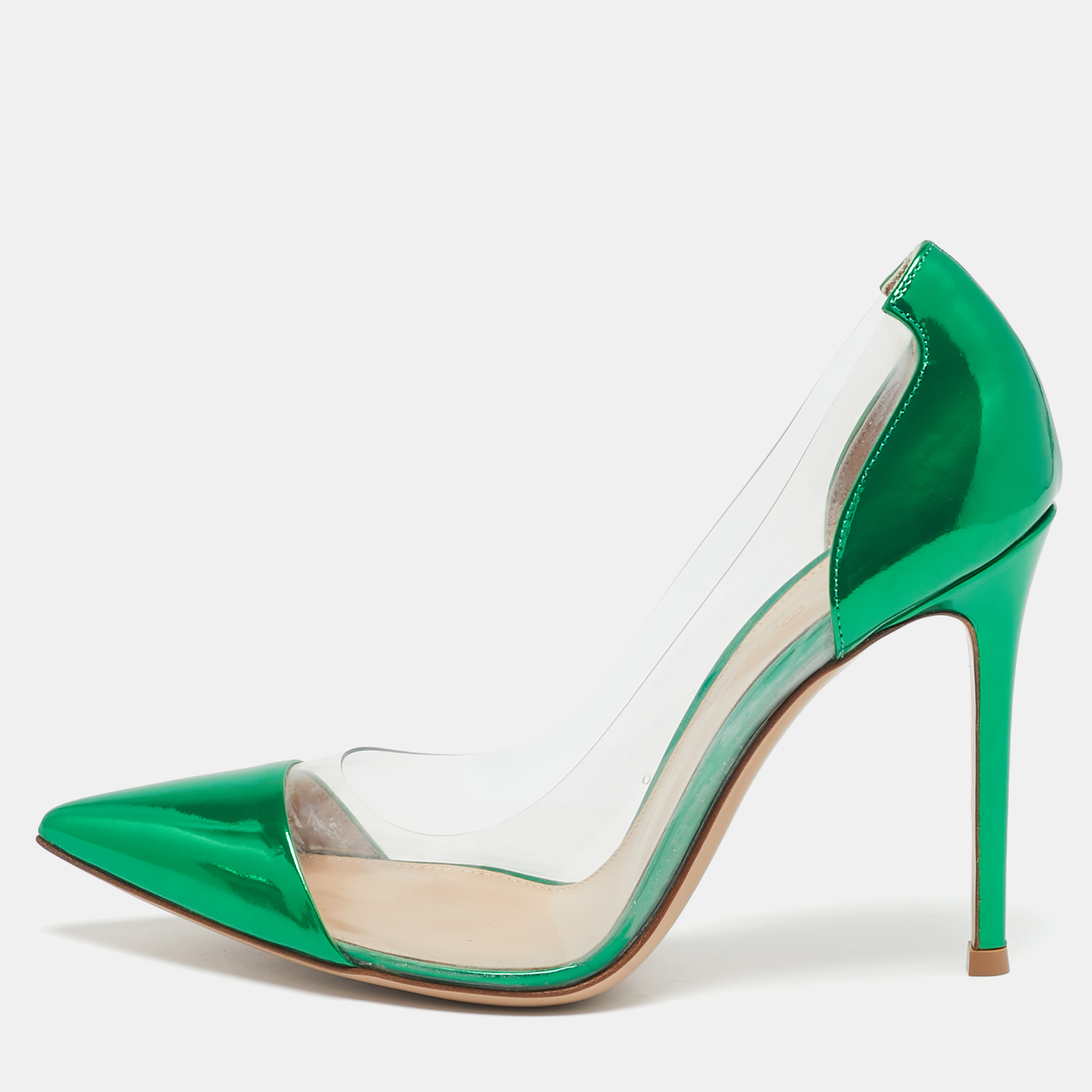 

Gianvito Rossi Metallic Green Leather and PVC Plexi Pumps Size