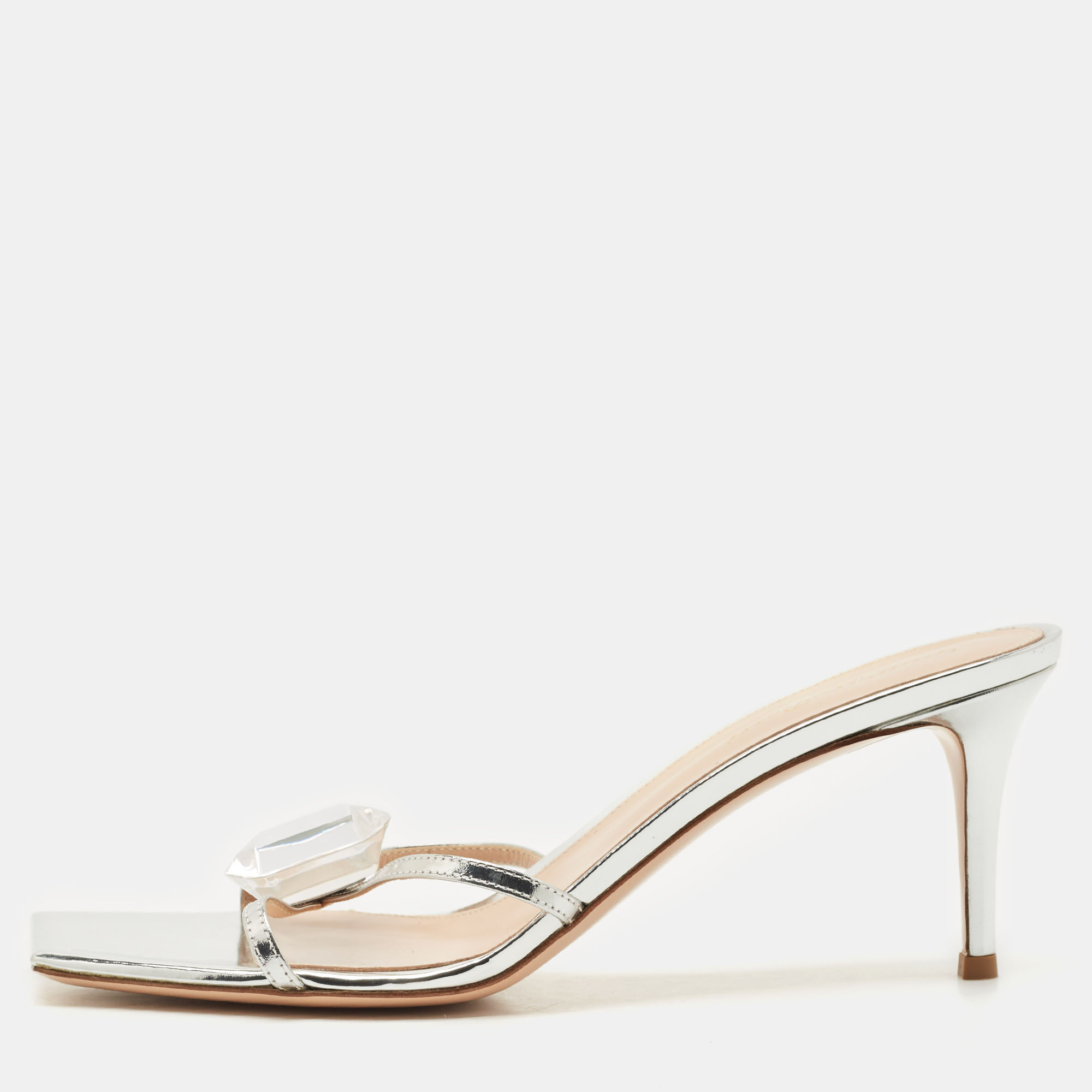 Pre-owned Gianvito Rossi Silver Leather Crystal Embellished Jaipur Slide Sandals Size 41