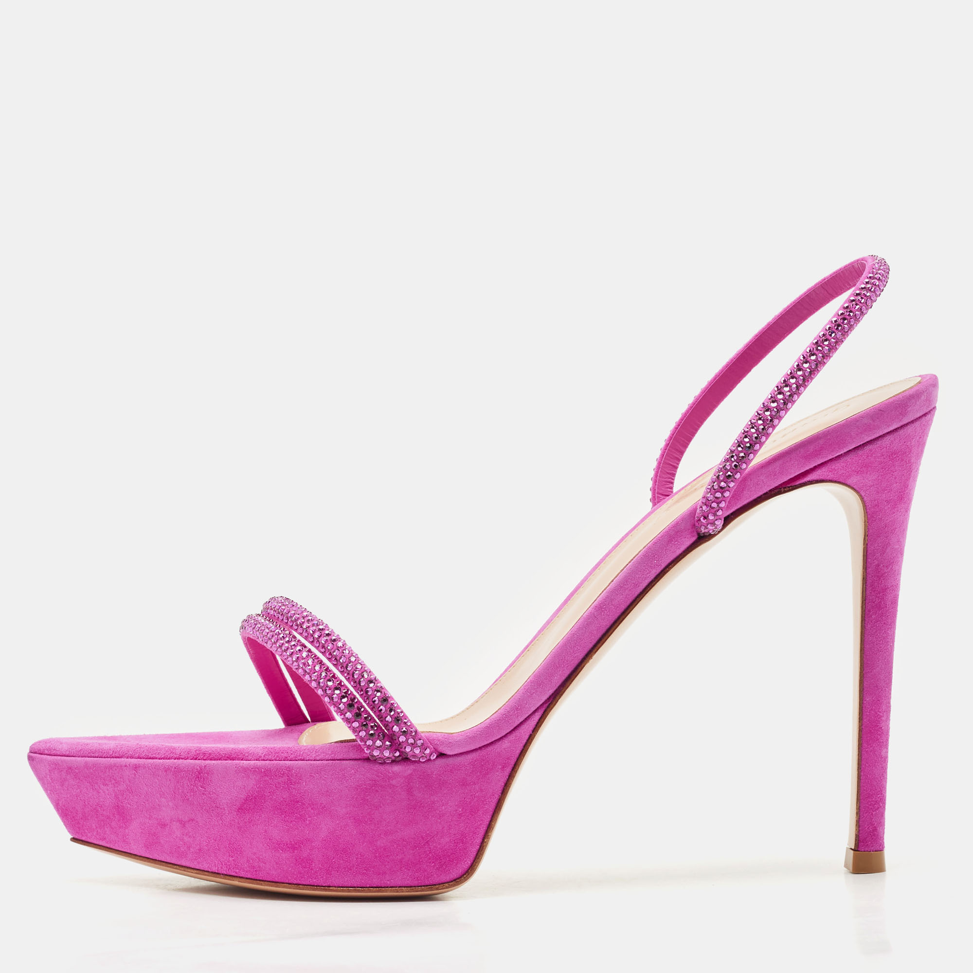 

Gianvito Rossi Fuchsia Suede Crystal Embellished Cannes Platform Sandals Size, Pink