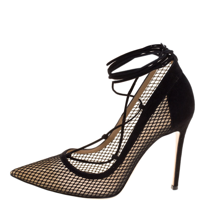 

Gianvito Rossi Black Suede And Mesh Lace Up Pointed Toe Pumps Size