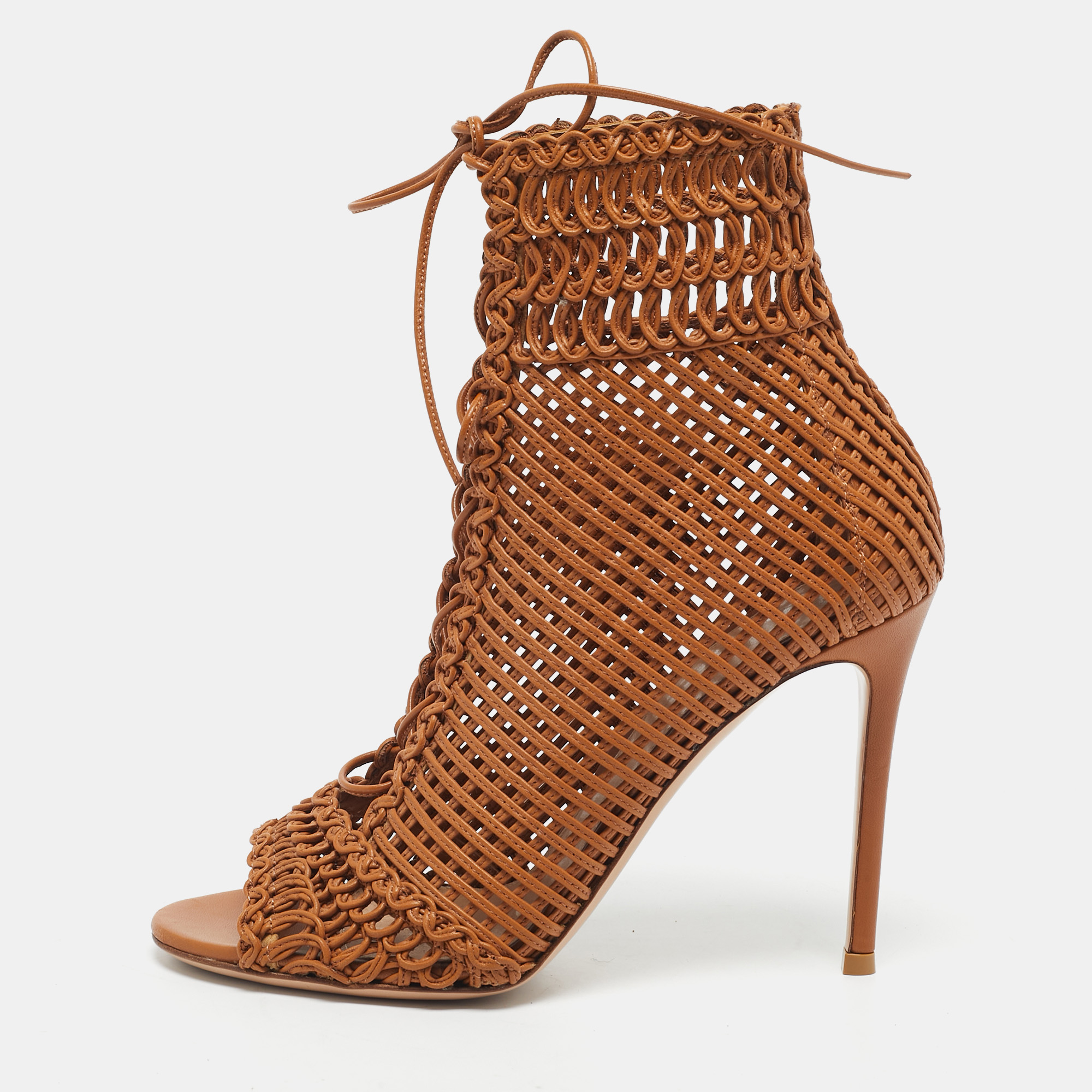 

Gianvito Rossi Brown Woven Leather Marnie Lace Up Peep Toe Ankle Boots Size