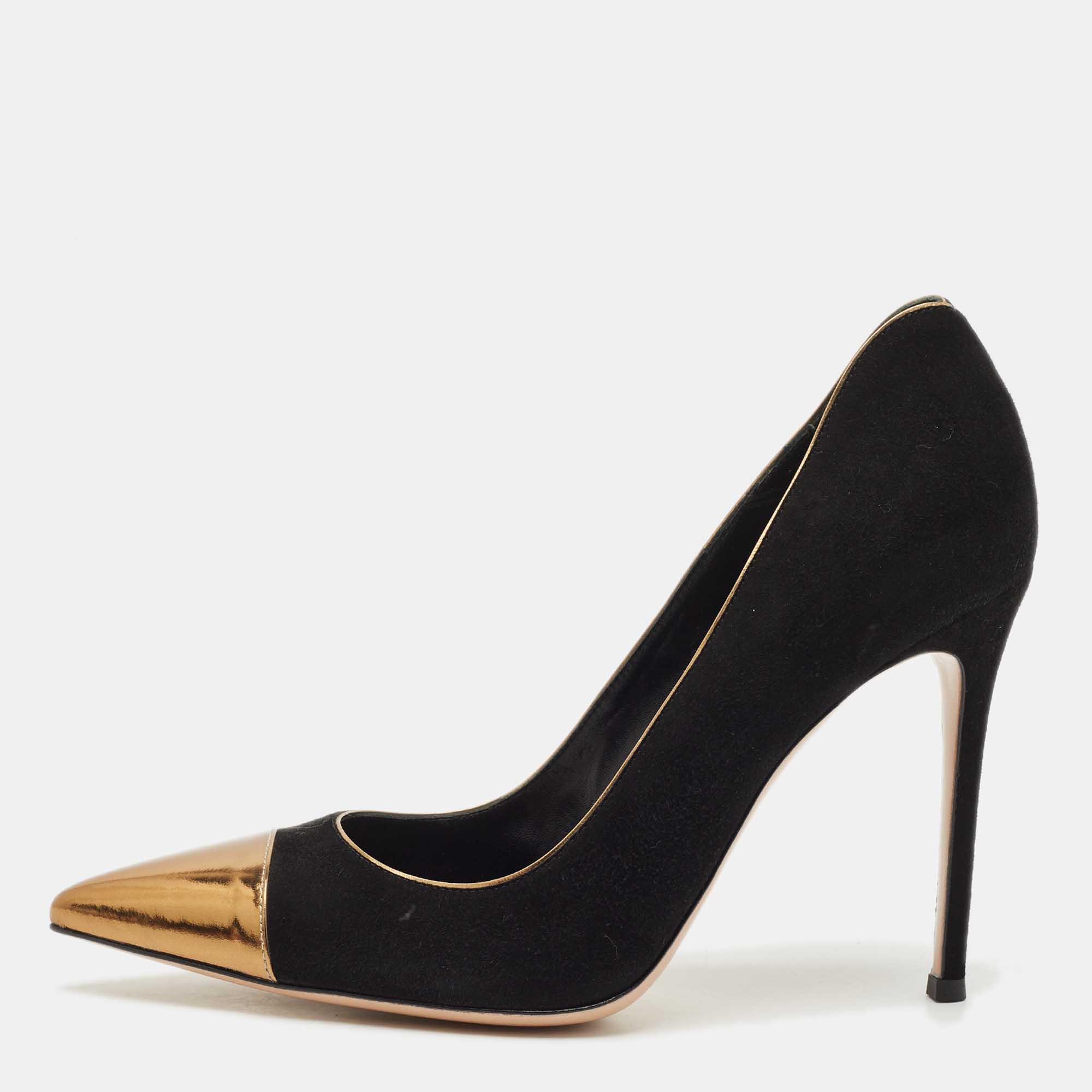 

Gianvito Rossi Black/Gold Leather and Suede Pointed Toe Pumps Size