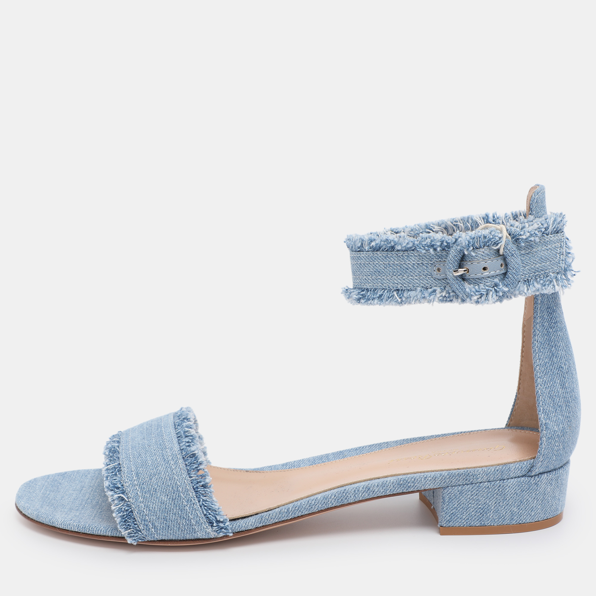 Pre-owned Gianvito Rossi Blue Washed Denim Ankle Strap Flat Sandals Size 41