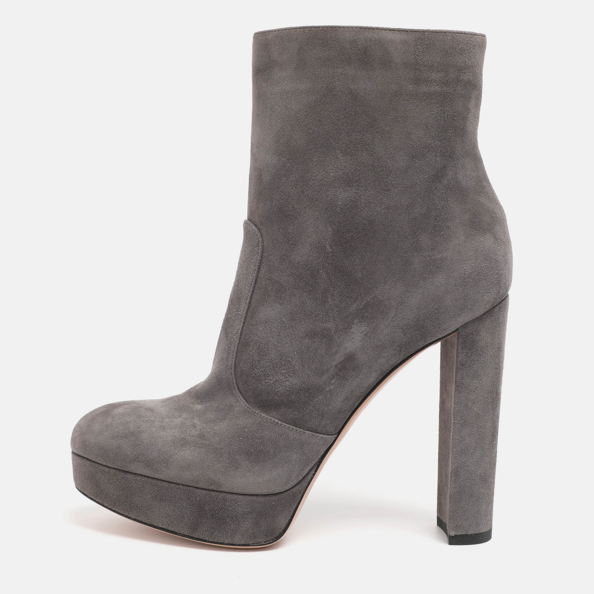 Pre-owned Gianvito Rossi Grey Suede Platform Mid Calf Boots Size 38.5 In Gray