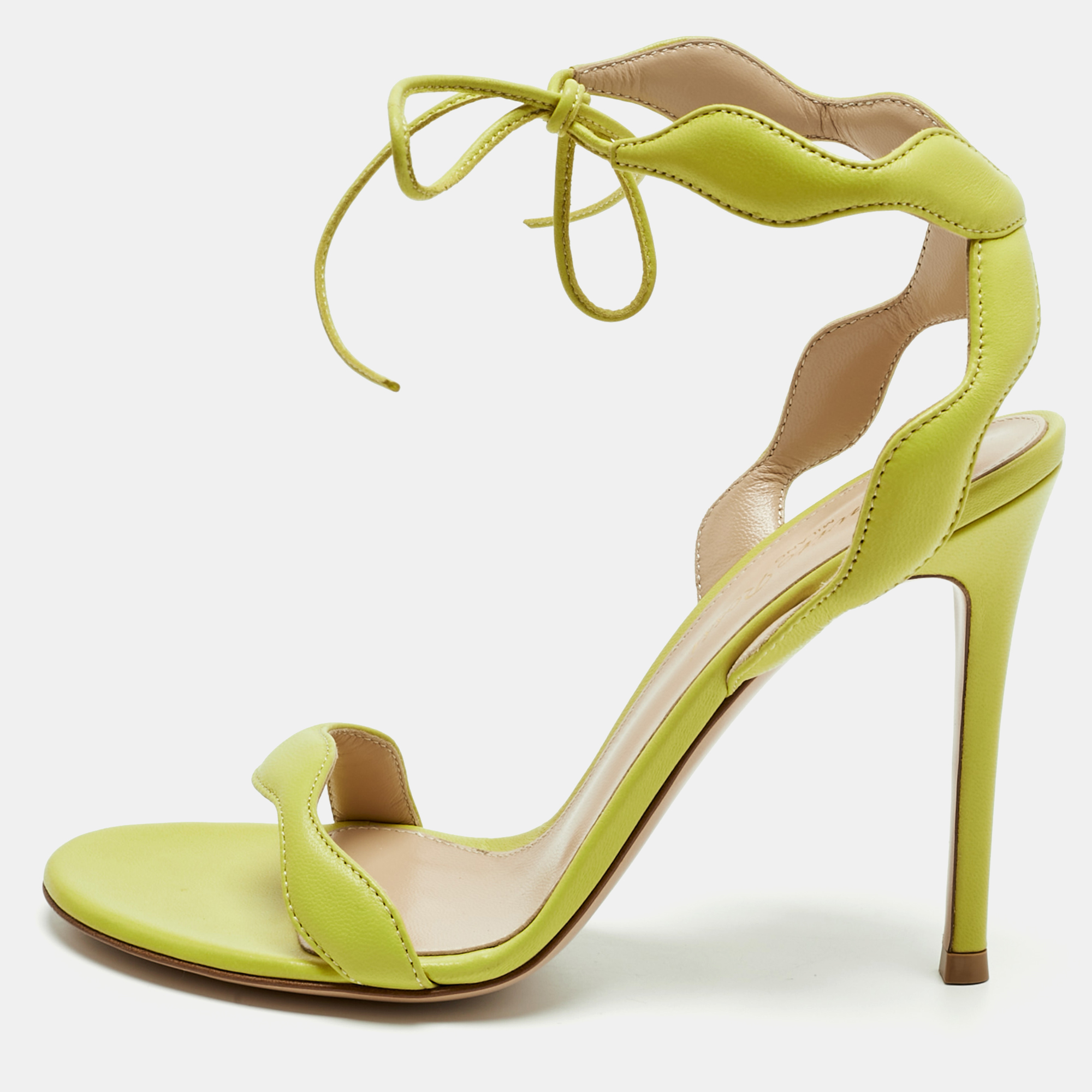 

Gianvito Rossi Green Leather Wavy Ankle Tie Sandals Size