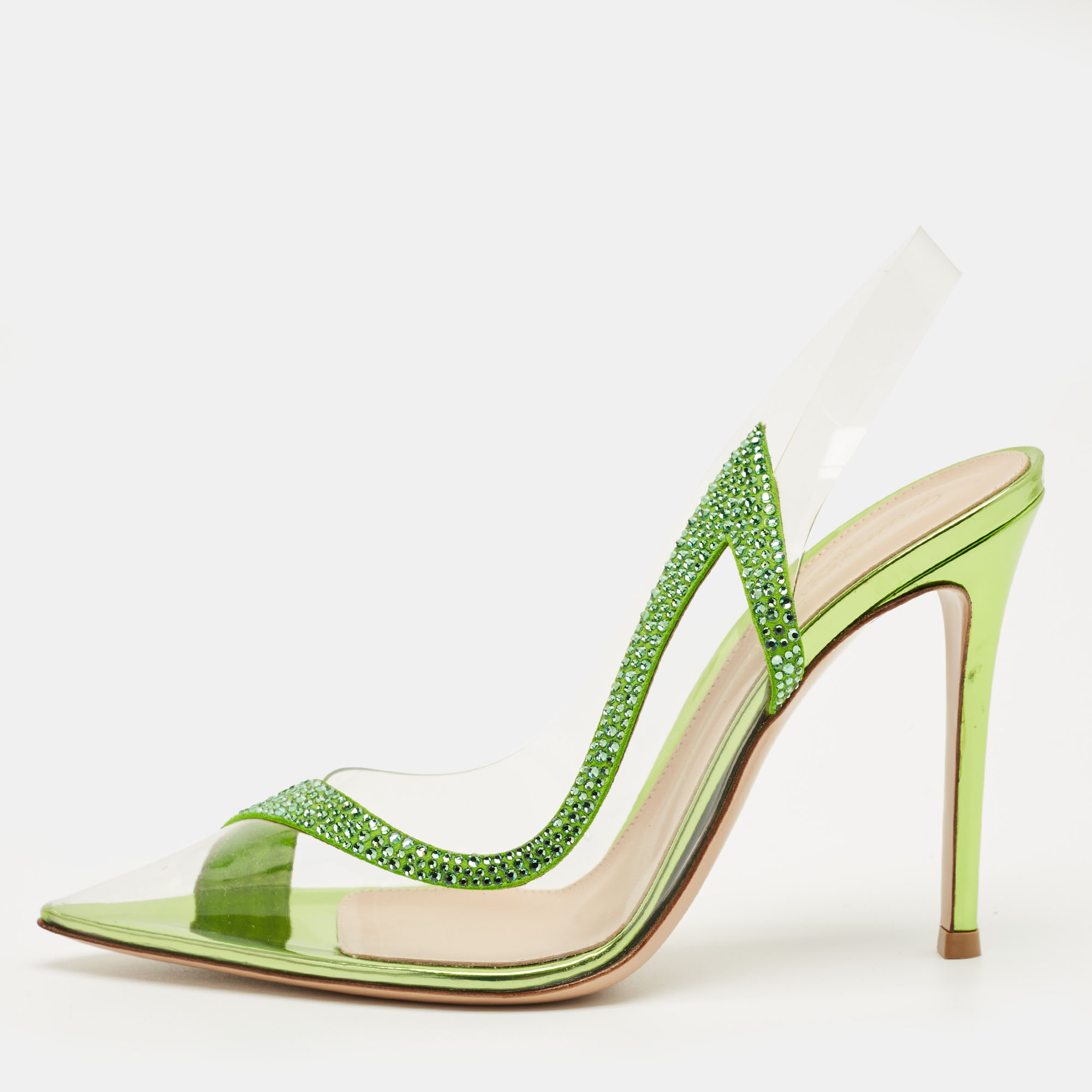

Gianvito Rossi Transparent/Green PVC and Suede Embellished Hortensia Pumps Size