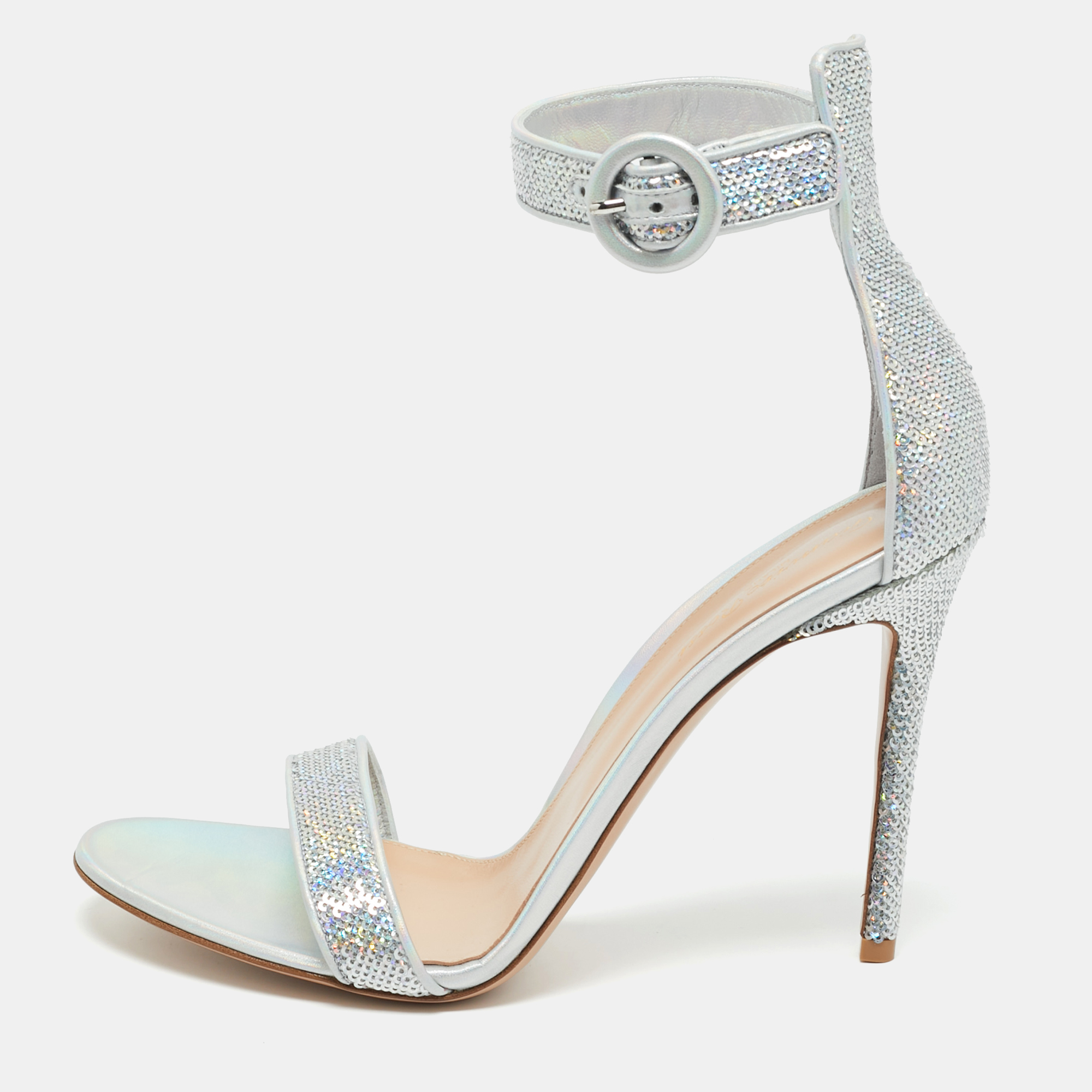 

Gianvito Rossi Silver Sequins Portofino Ankle Strap Sandals Size