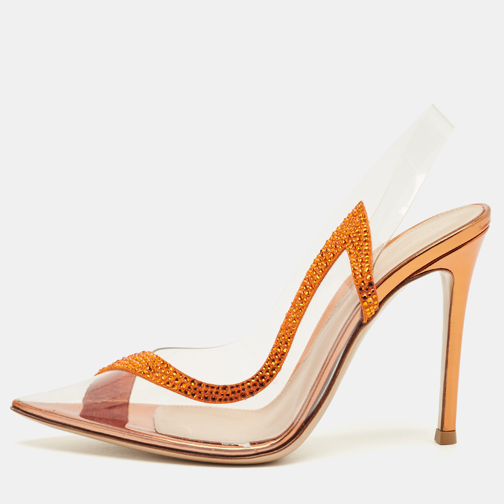 

Gianvito Rossi Transparent/Orange PVC and Suede Hortensia Slingback Pumps Size