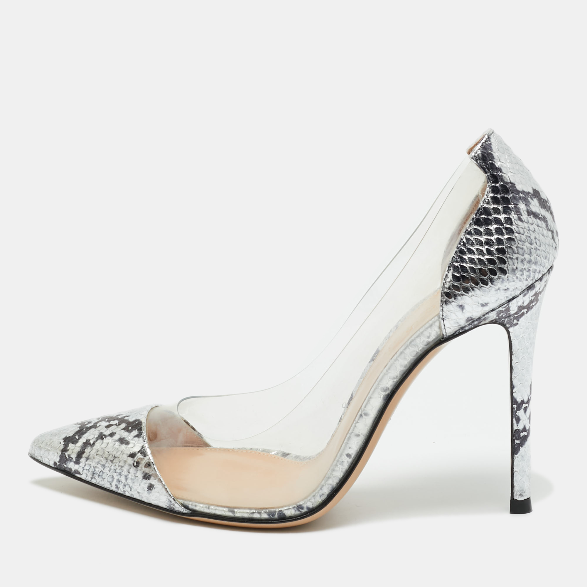 Pre-owned Gianvito Rossi Silver Snake Embossed Leather And Pvc Plexi Pumps Size 37