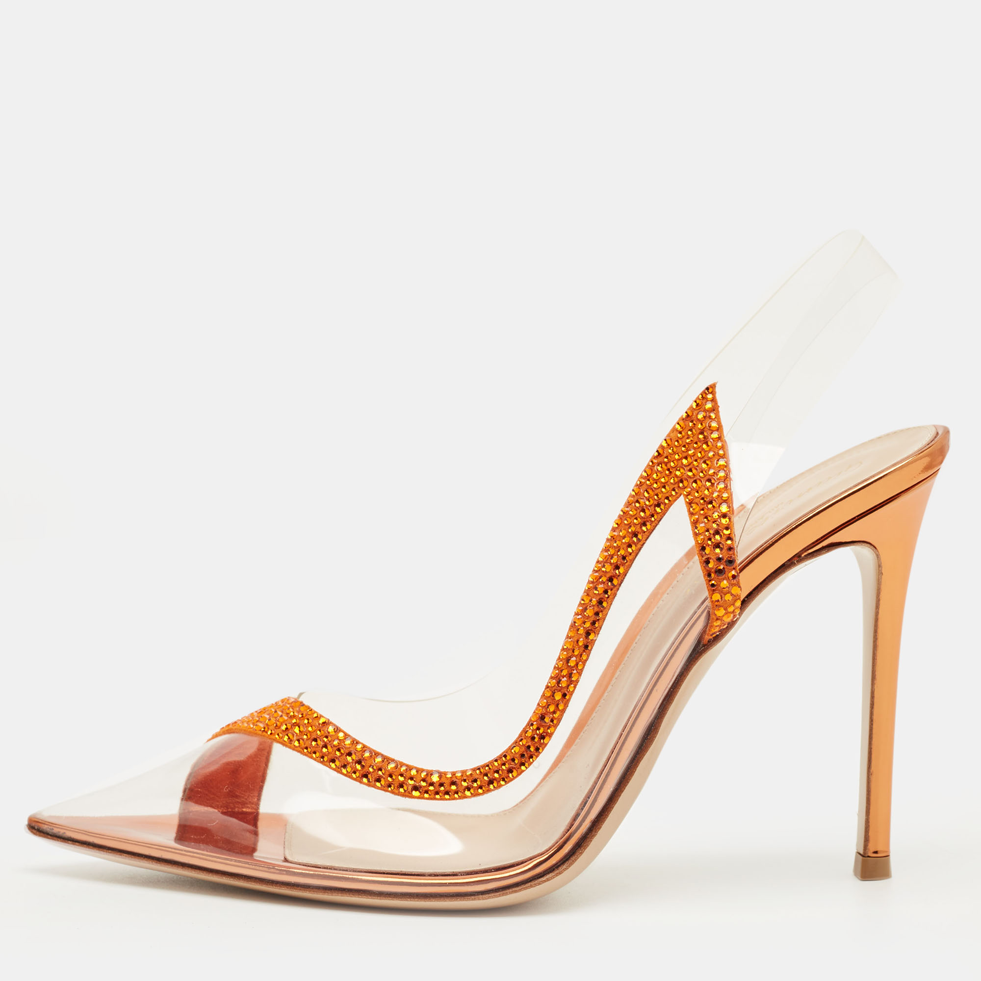 

Gianvito Rossi Transparent/Orange PVC and Suede Embellished Hortensia Pumps Size