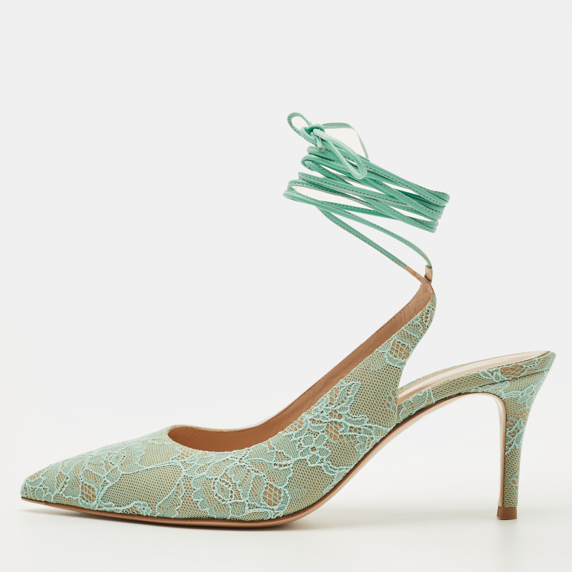 

Gianvito Rossi Light Green Lace Irene Ankle Tie Pumps Size