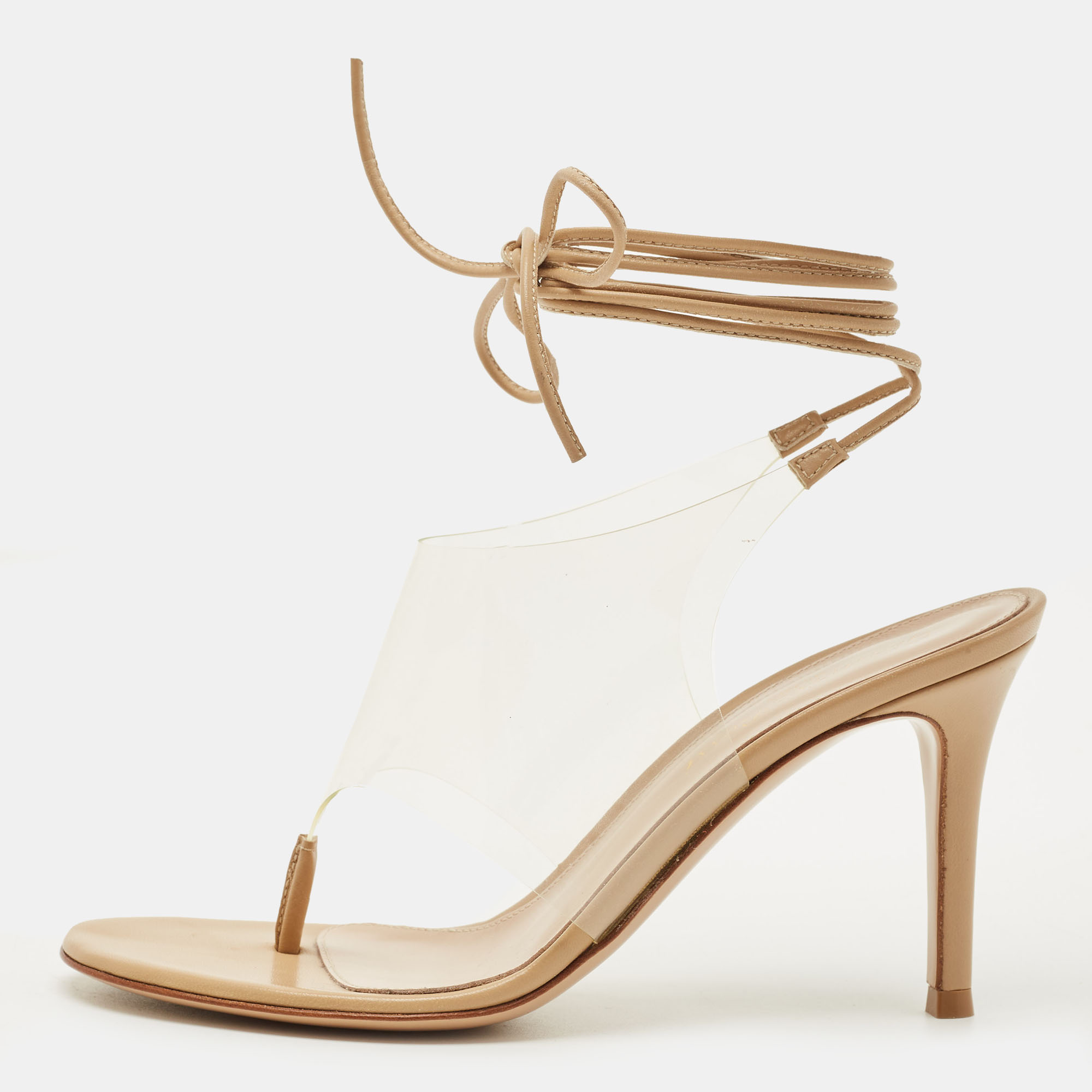 

Gianvito Rossi Beige Leather and PVC Plexi Thong Wrap Sandals Size