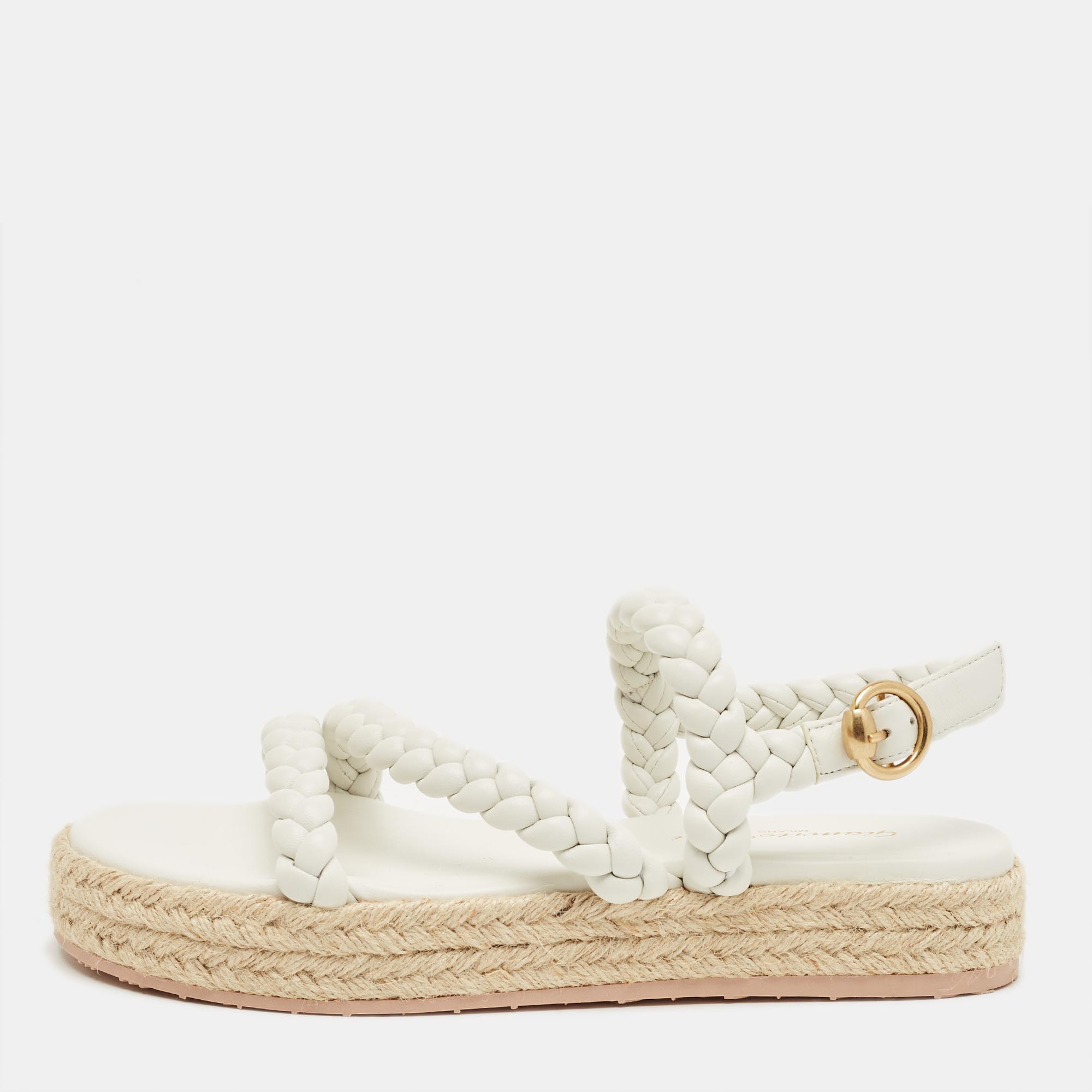 Pre-owned Gianvito Rossi White Braided Leather Platform Espadrille Sandals Size 36.5