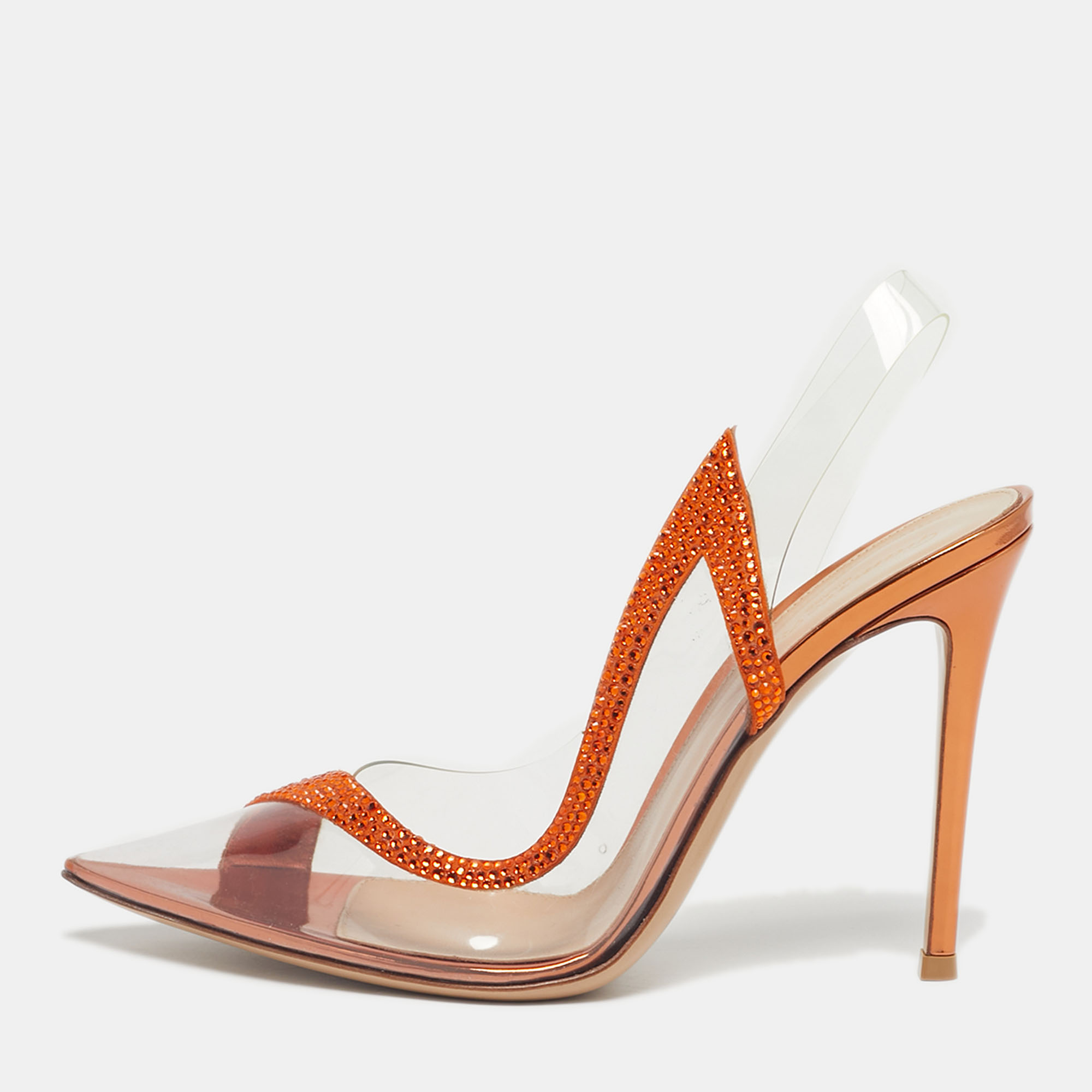 

Gianvito Rossi Transparent/Orange PVC and Suede Embellished Hortensia Pumps Size