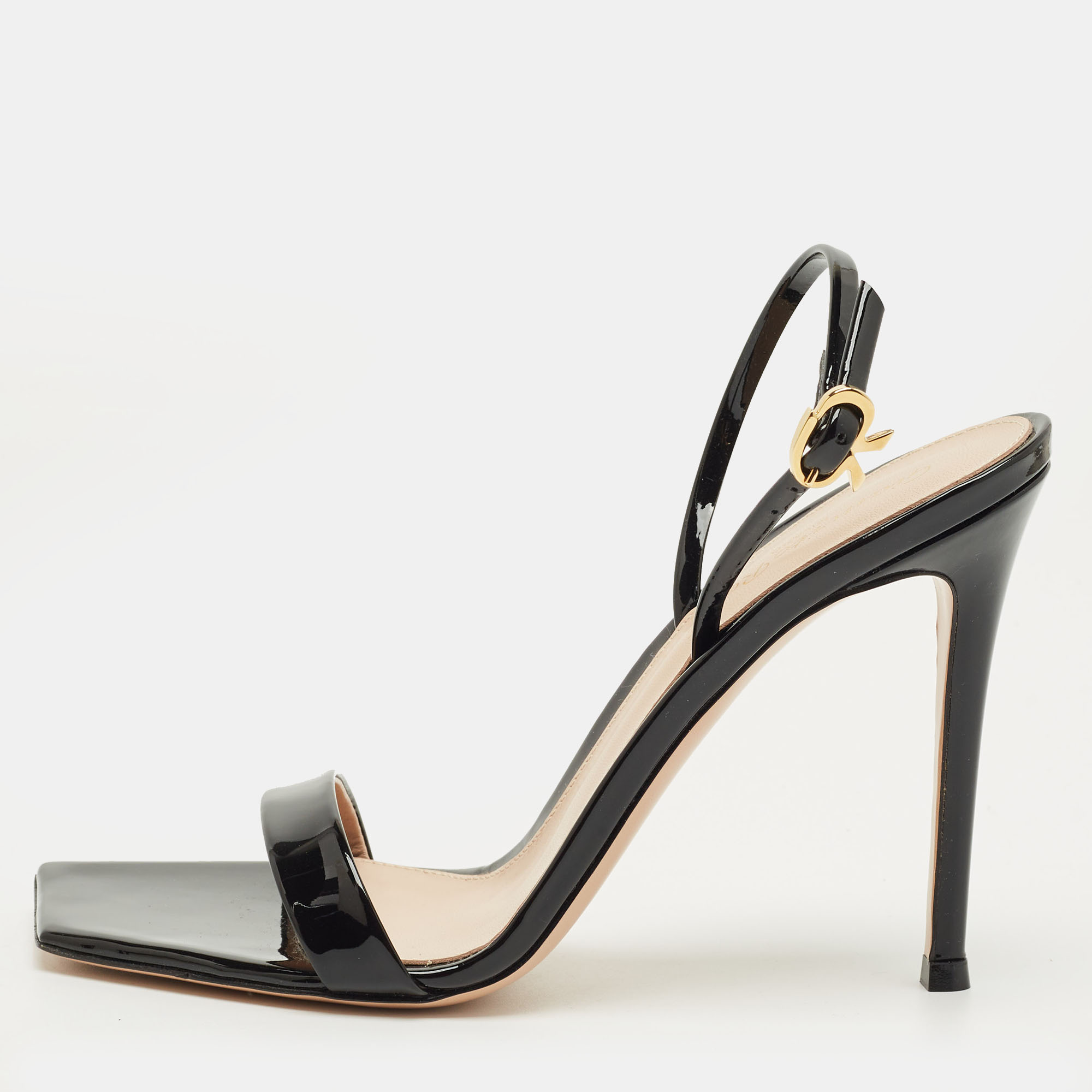 

Gianvito Rossi Black Patent Leather Ribbon Stiletto Ankle Strap Sandals Size