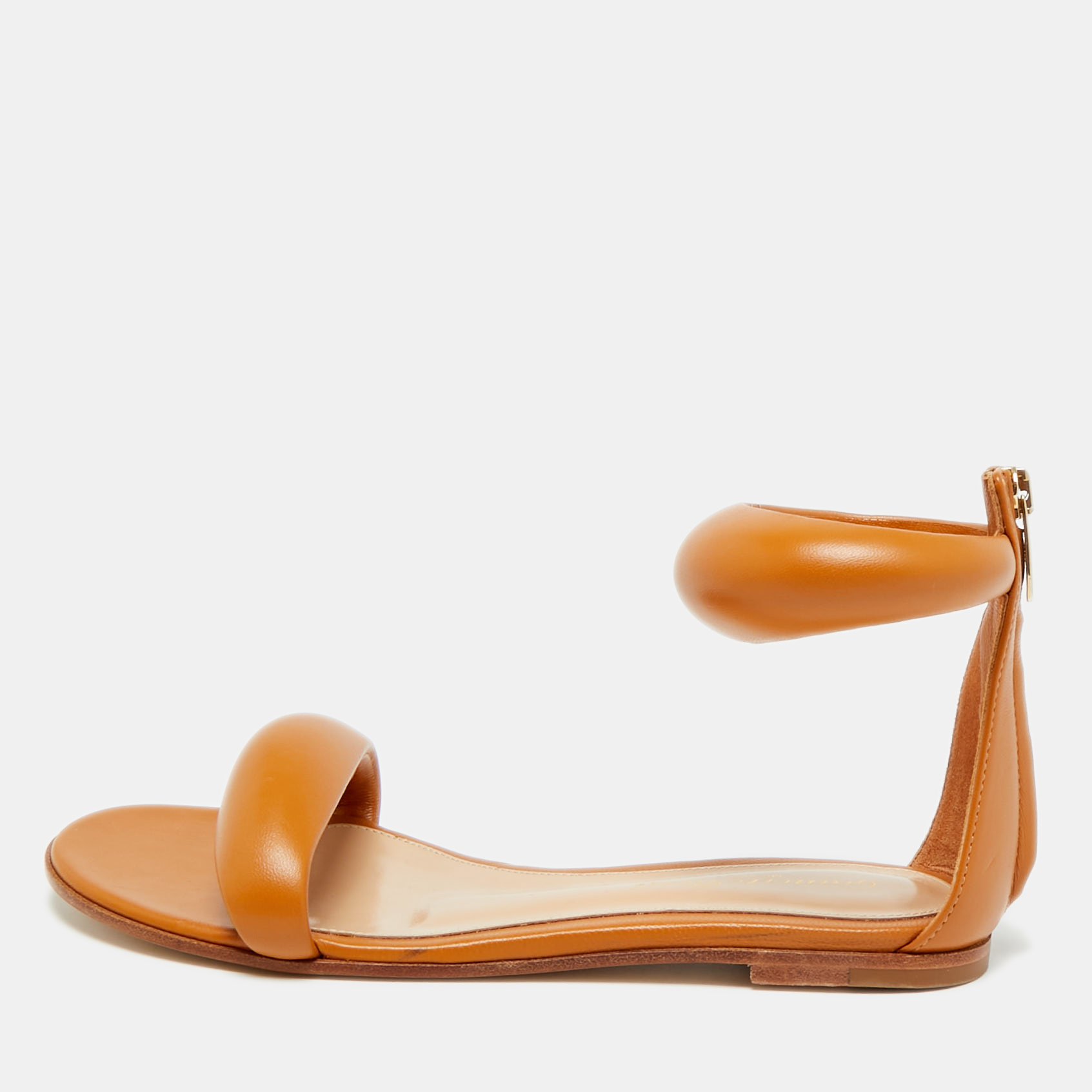 Pre-owned Gianvito Rossi Bijoux Brown Leather Ankle Strap Flats Size 35.5