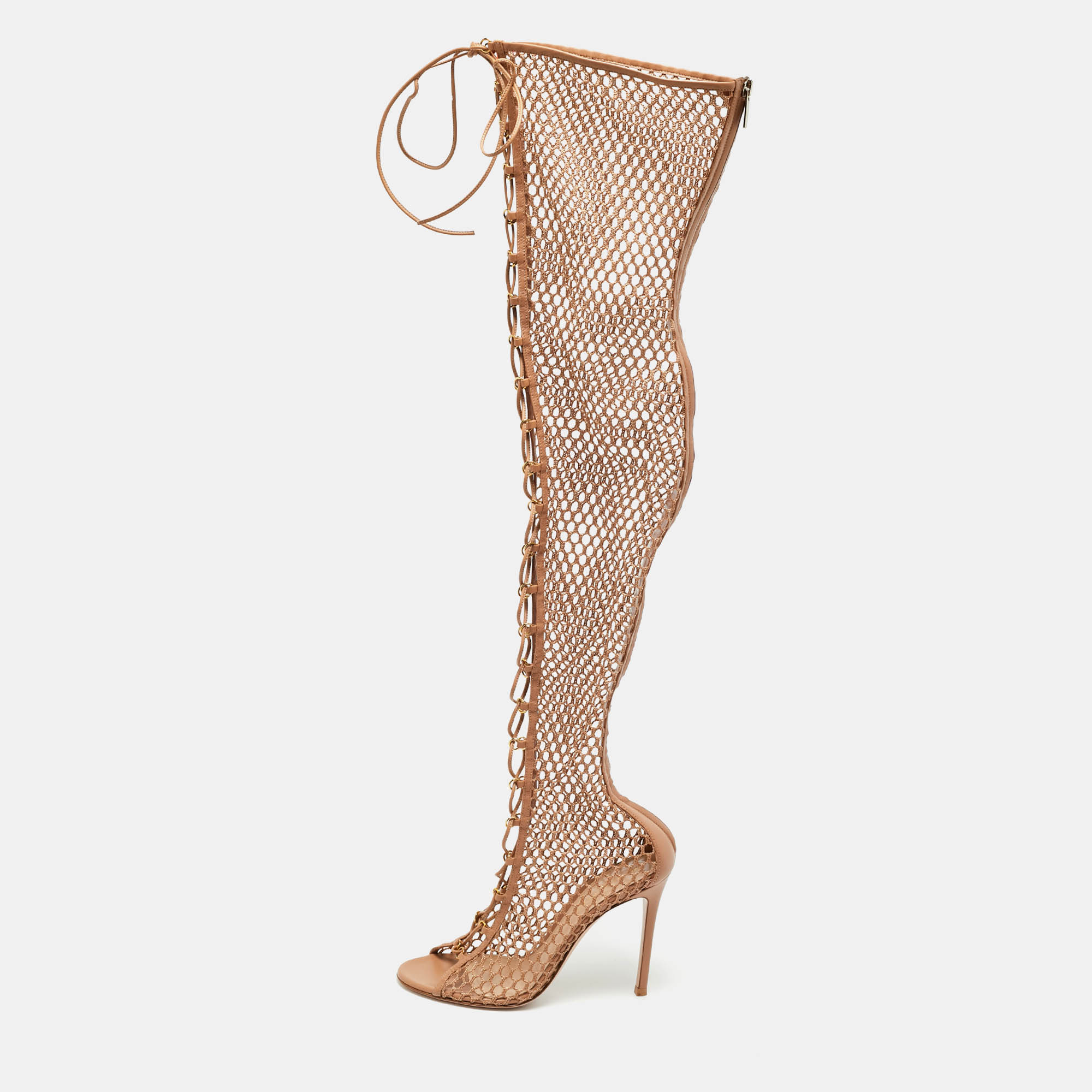 Click to view more detailed imagery on our partner's website Pre-owned Gianvito Rossi Fishnet Size 37 Beige Leather And Mesh Over The Knee Boots In Sand