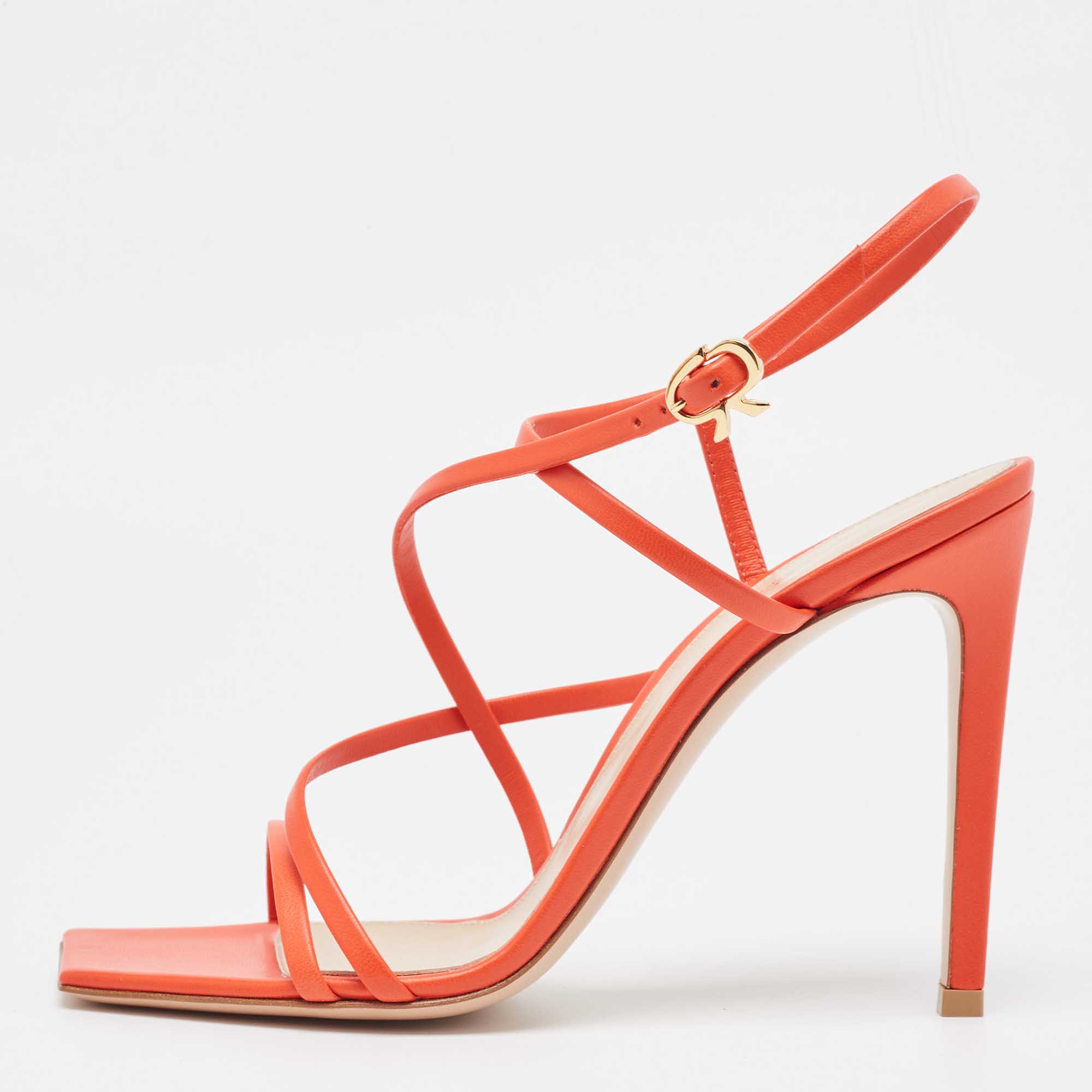 

Gianvito Rossi Geom Size  Coral Red Leather Geom Strappy Sandals