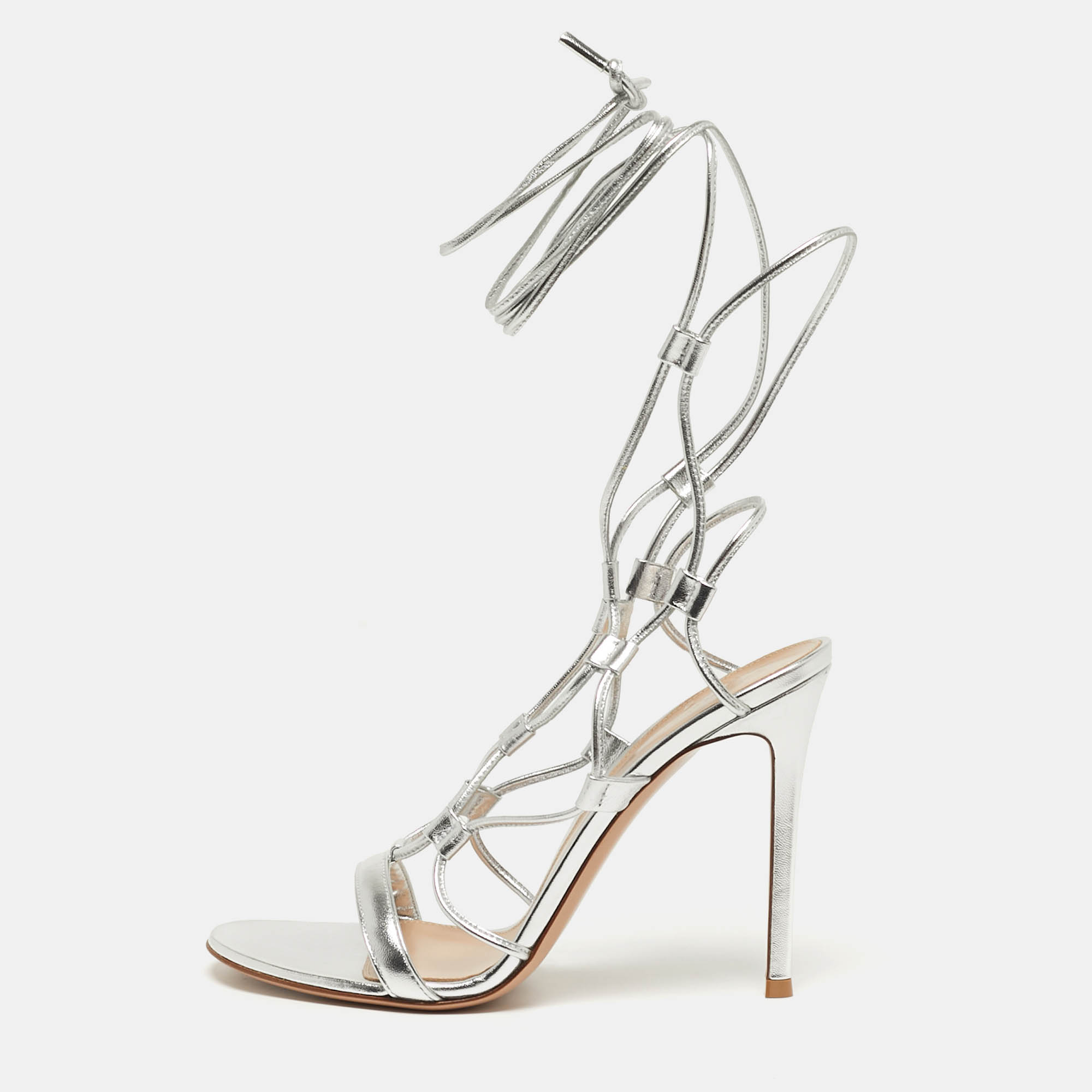 

Gianvito Rossi Giza Size  Silver Leather Ankle Wrap Sandals