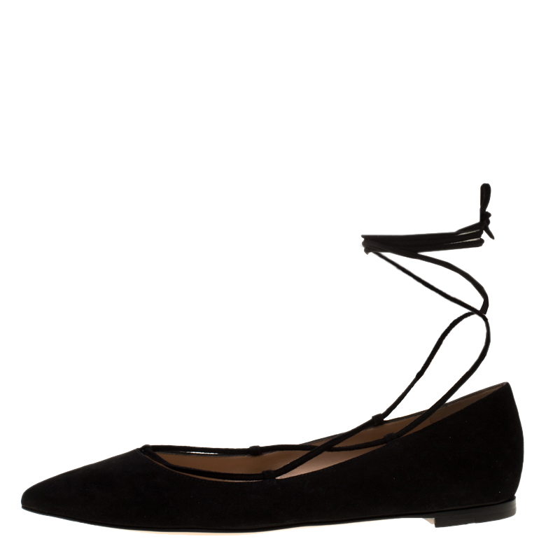 

Gianvito Rossi Black Suede Femi Ankle Wrap Pointed Toe Flats Size