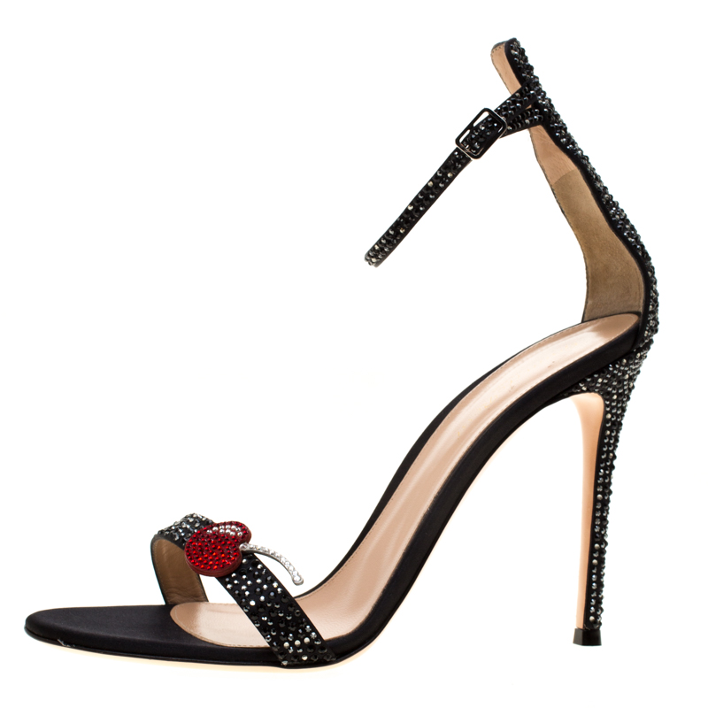 

Gianvito Rossi Black Crystal Embellished Satin Cherry Portofino Ankle Strap Open Toe Sandals Size