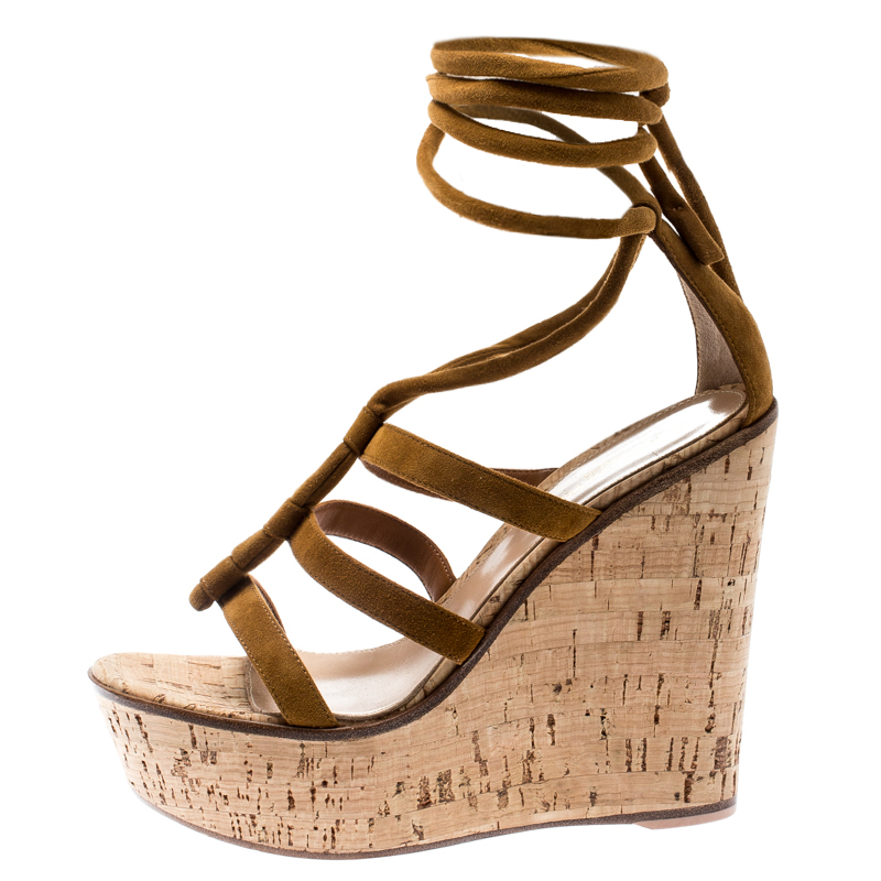 

Gianvito Rossi Brown Suede Cork Wedge Ankle Wrap Strappy Sandals Size