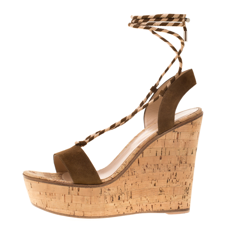 

Gianvito Rossi Brown Suede Ankle Wrap Cork Wedge Sandals Size