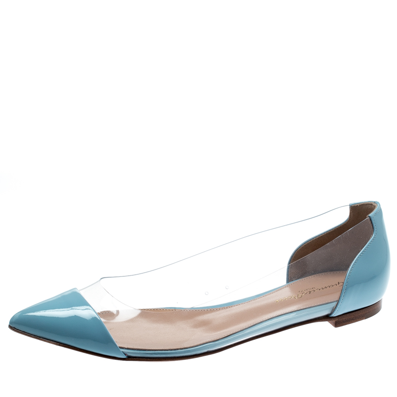 Pre Owned Gianvito Rossi Blue Patent Leather And PVC Plexi Pointed Toe Ballet Flats Size 38