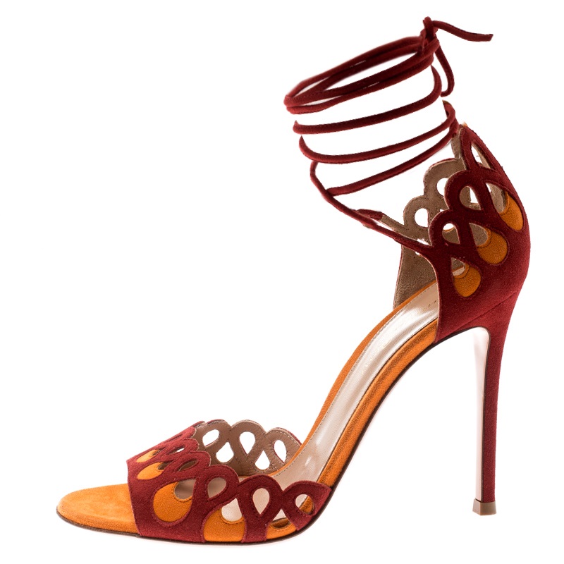 

Gianvito Rossi Red And Orange Suede Samba Ankle Wrap Open Toe Sandals Size