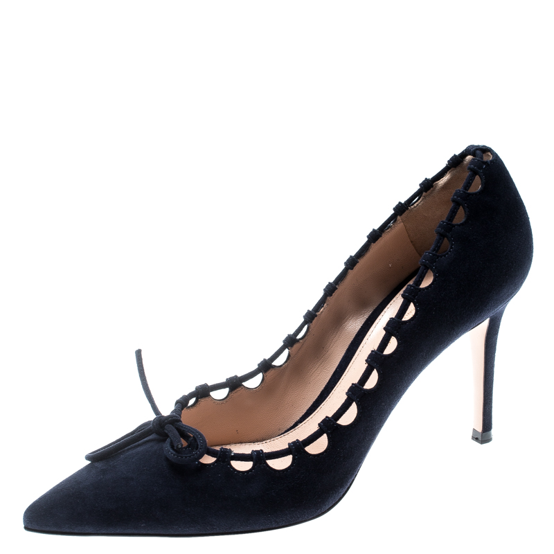 Pre Owned Gianvito Rossi Blue Suede Lace Bow Pumps Size 39