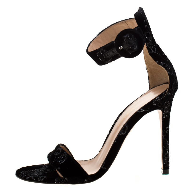 

Gianvito Rossi Black Floral Embroidered Velvet Portofino Ankle Strap Sandals Size