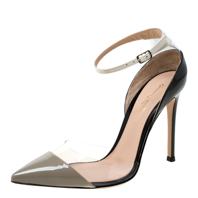 Gianvito Rossi Multicolor Patent Leather and Plexi Ankle Strap Pointed Toe Pumps Size 36.5