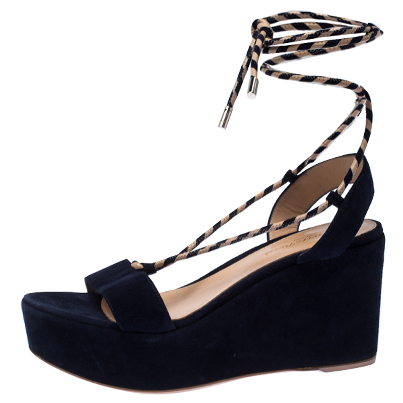 

Gianvito Rossi Blue Suede Wedge Platform Ankle Strap Sandals Size