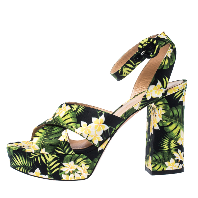 

Gianvito Rossi Multicolor Floral Satin Platform Ankle Strap Sandals Size