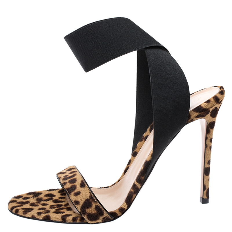 

Gianvito Rossi Brown/Black Leopard Print Calf Hair And Elastic Fabric Ankle Wrap Sandals Size