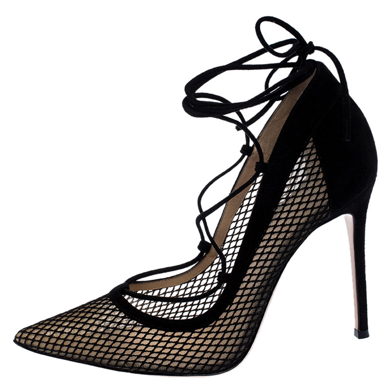 

Gianvito Rossi Black Suede And Mesh Pointed Toe Ankle Wrap Pumps Size