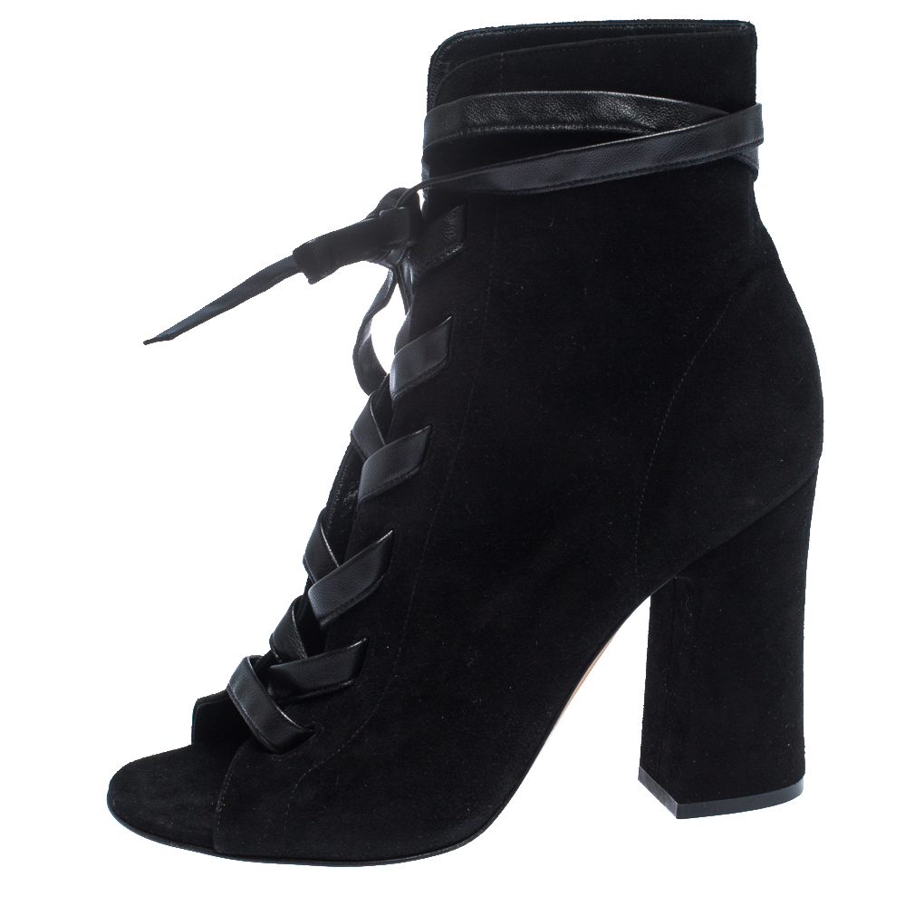 

Gianvito Rossi Black Suede Leather Lace Up Open Toe Ankle Booties Size