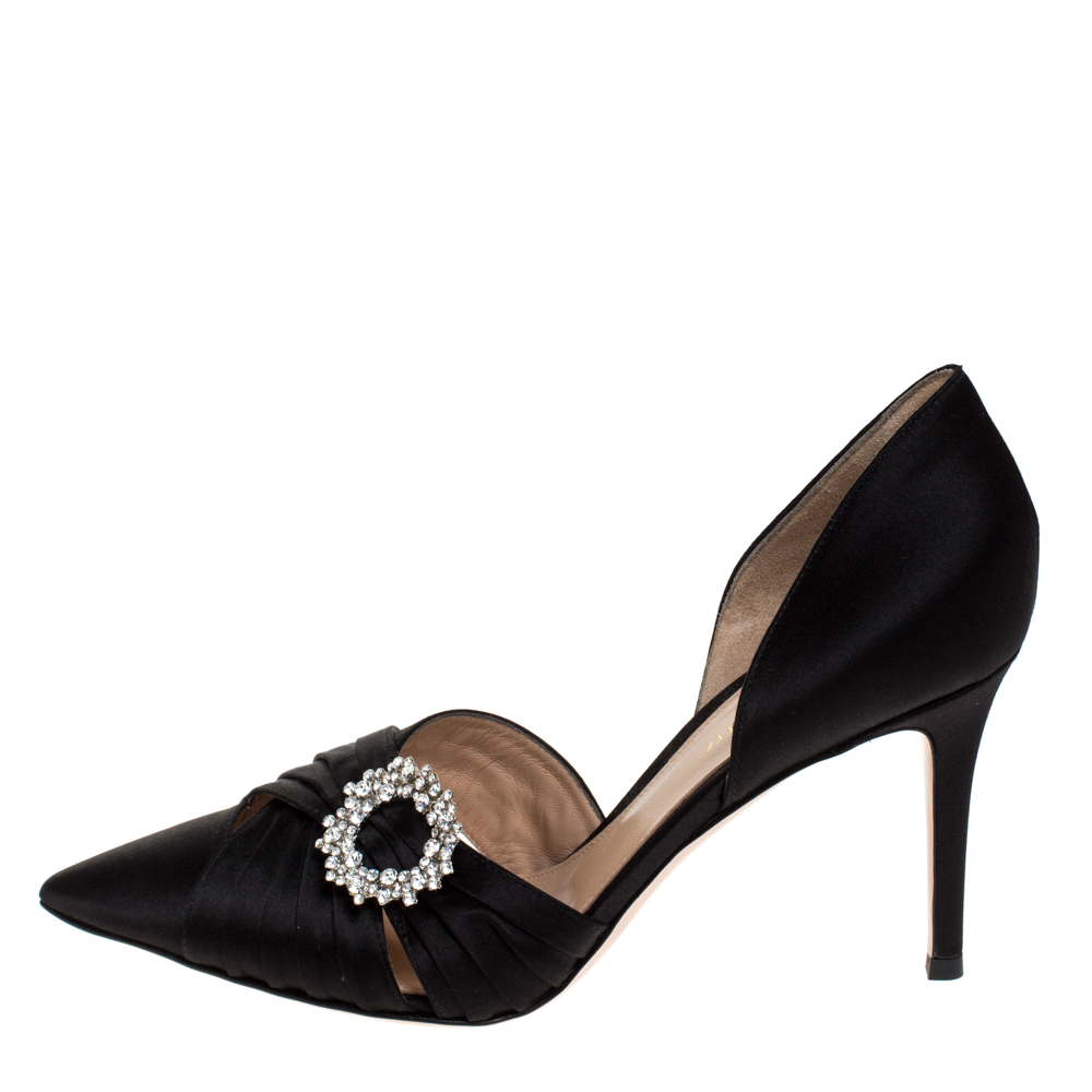 

Gianvito Rossi Black Pleated Satin Crystal Embellished Pointed Toe Pumps Size