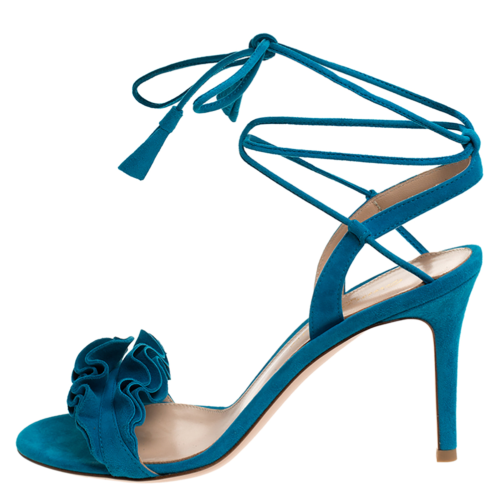 

Gianvito Rossi Blue Suede Ruffled Ankle Wrap Sandals Sandals