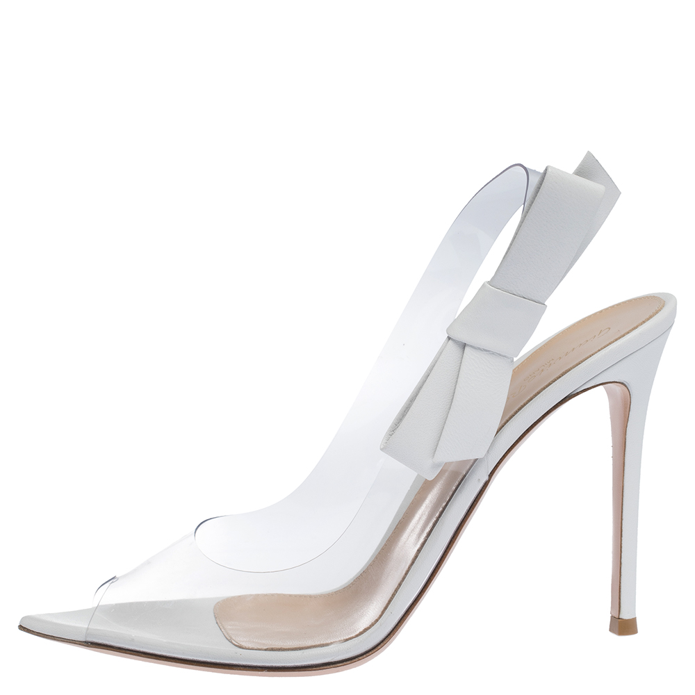 

Gianvito Rossi White Leather And PVC Valentina Peep Toe Slingback Sandals Size