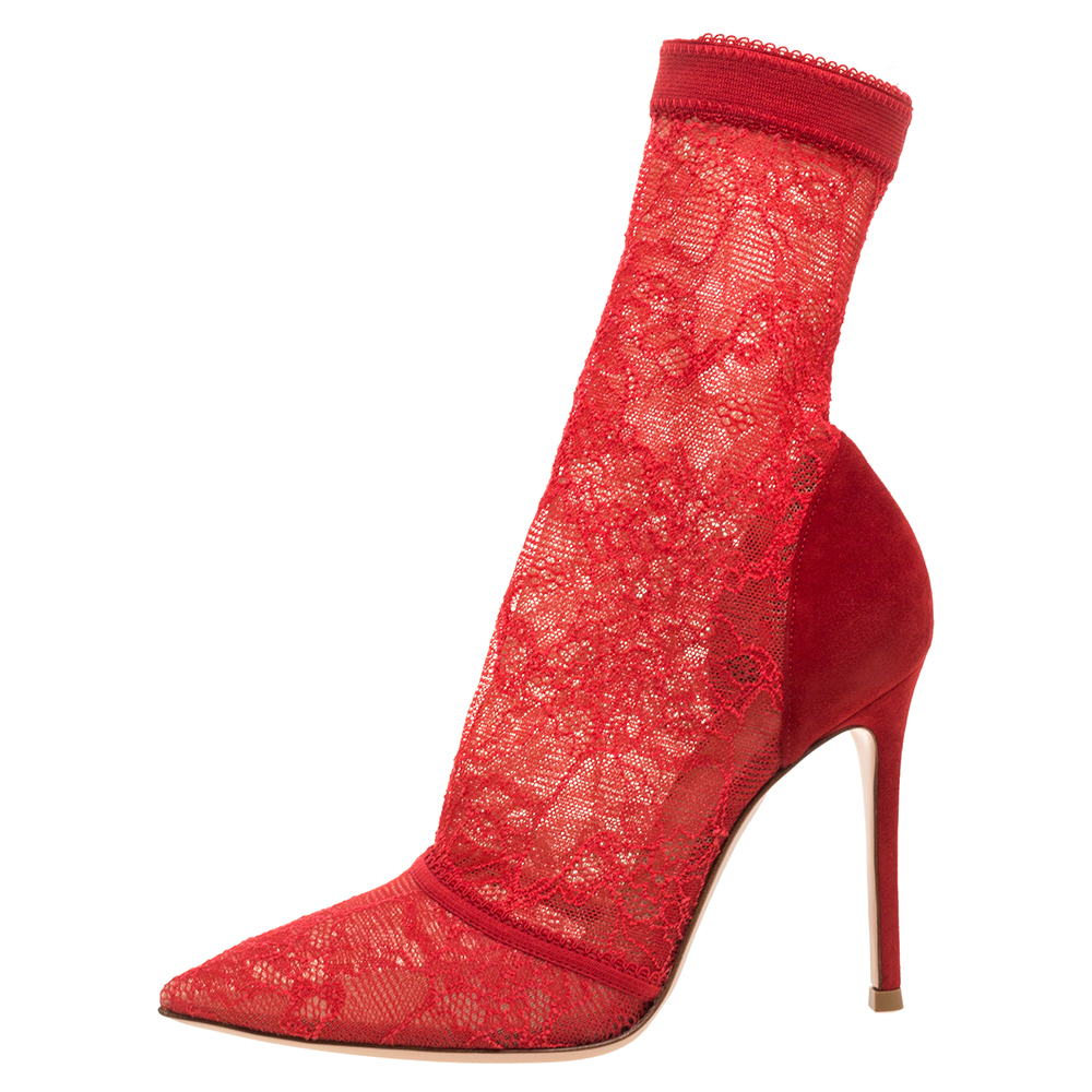 

Gianvito Rossi Red Suede And Lace Pointed Toe Ankle Booties Size