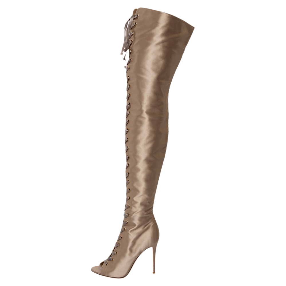 

Gianvito Rossi Beige Satin Marie Lace Up Over The Knee Boots Size
