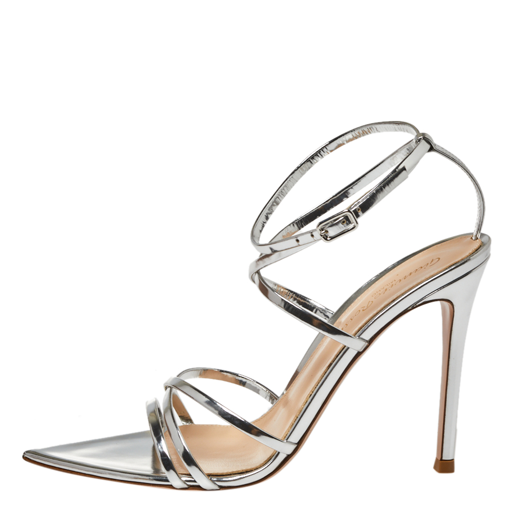 

Gianvito Rossi Silver Leather Kim Cross Ankle Strap Sandals Size