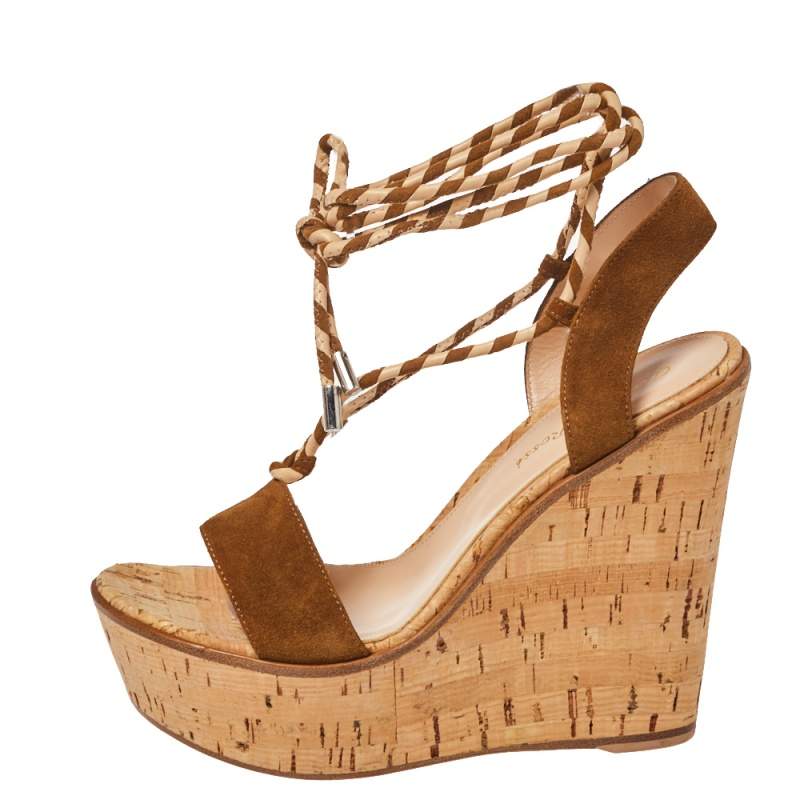 

Gianvito Rossi Brown Suede Platform Wedges Ankle Wrap Sandals Size